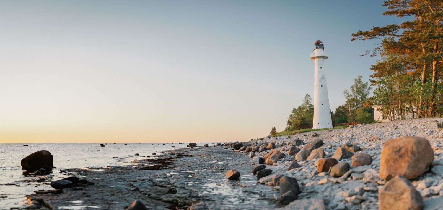 White lighthouse stands tall on a rocky Baltic Sea shoreline surrounded by pine trees at golden sunset.