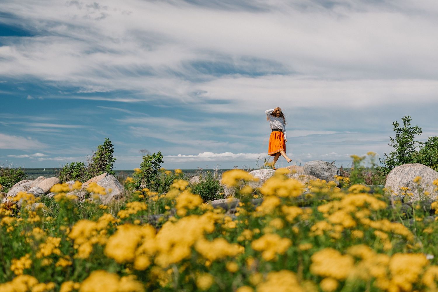 Woman in orange dress standing among yellow wildflowers in a scenic field under a dramatic cloudy sky.
