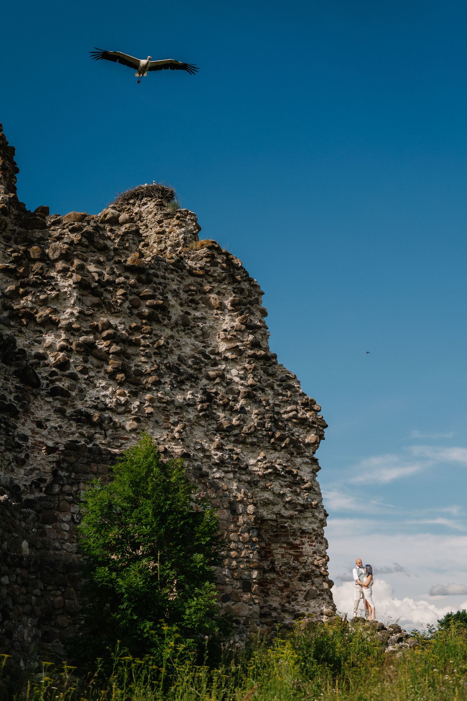 Ancient stone castle ruins under blue sky with a stork soaring overhead and couple embracing on rocky ledge.