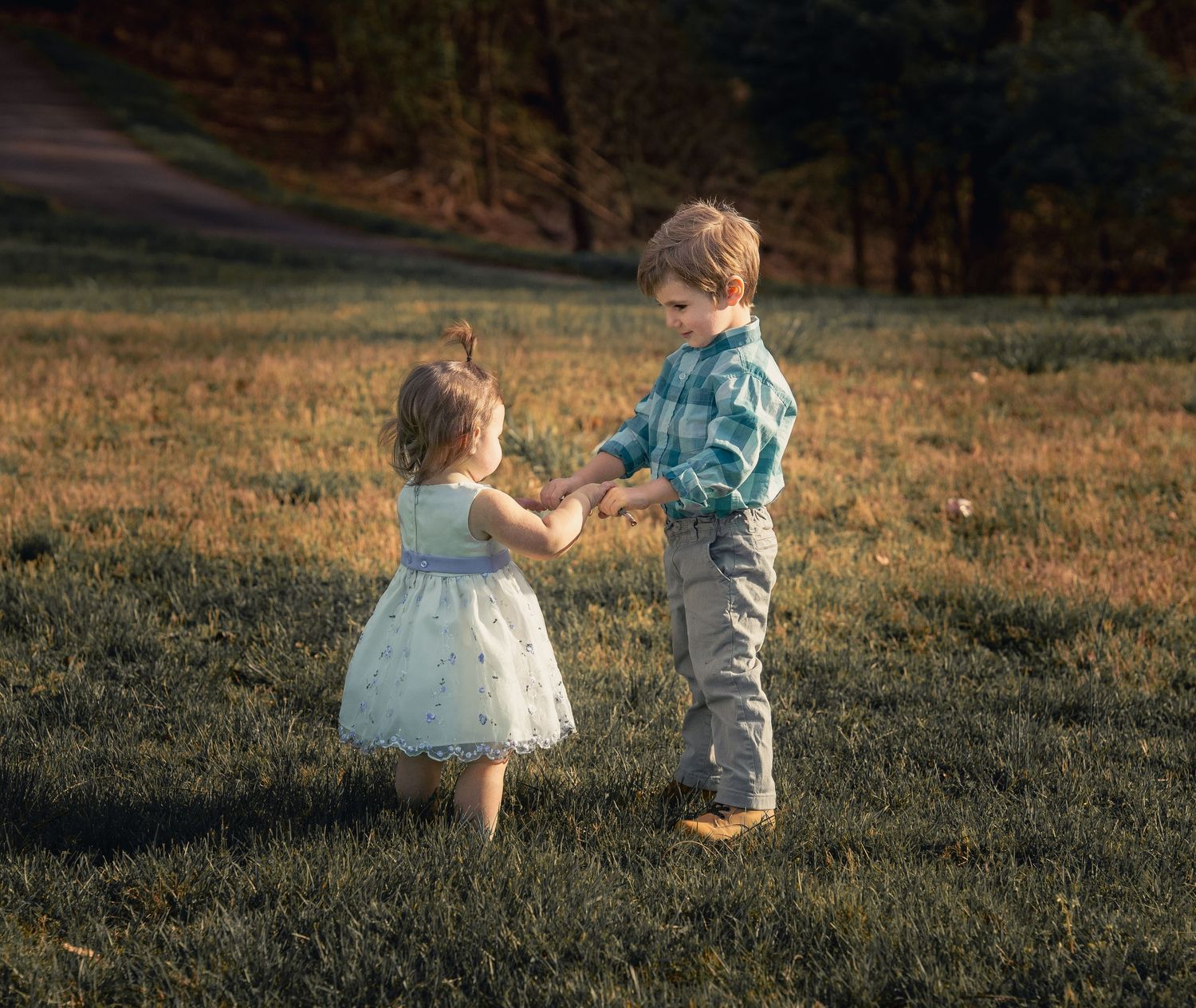Two young children exchange flowers in a sunlit grassy field, girl in white dress and boy in blue shirt.