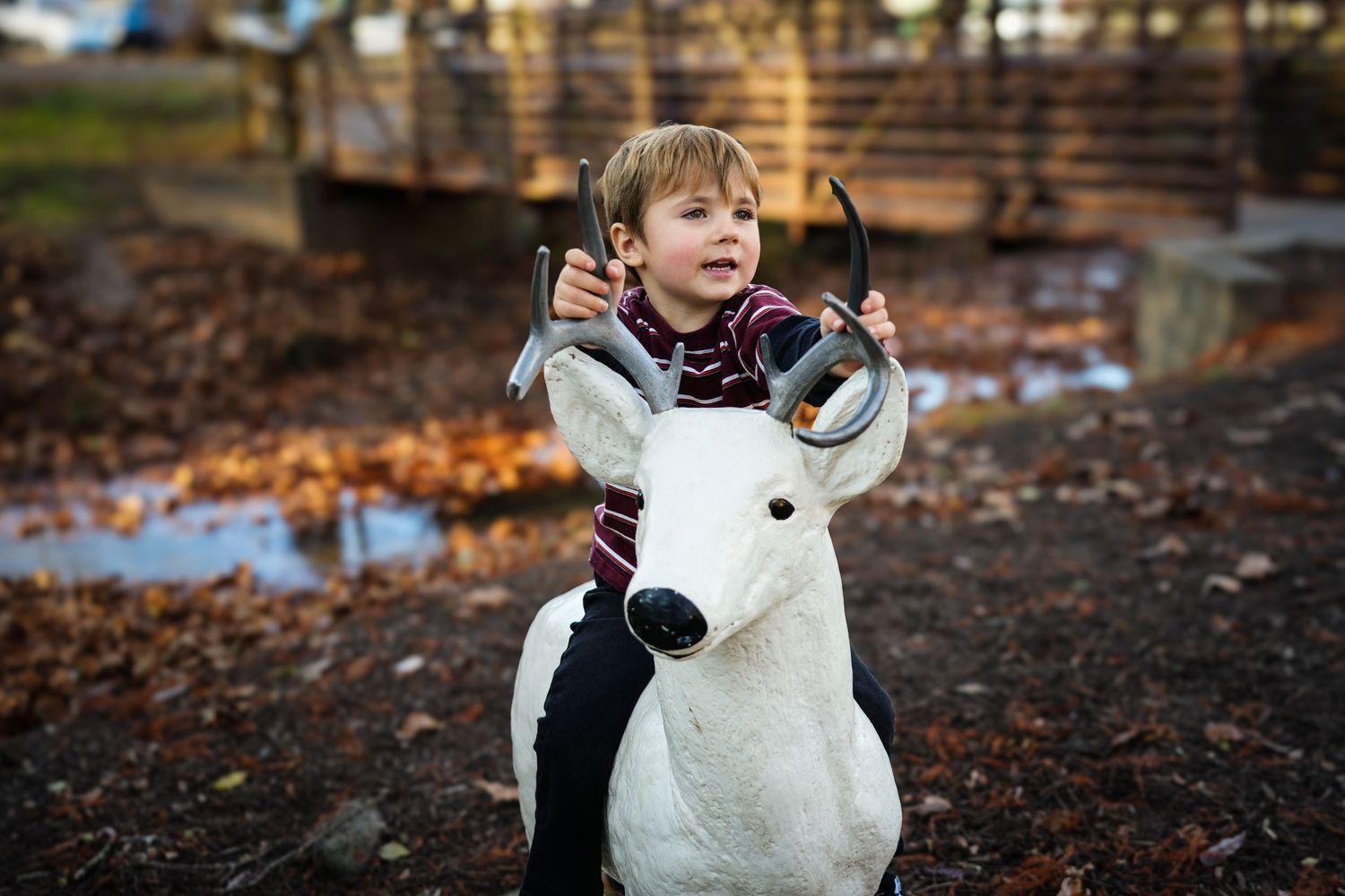 Young boy riding a white deer statue outdoors among autumn leaves in a park setting.