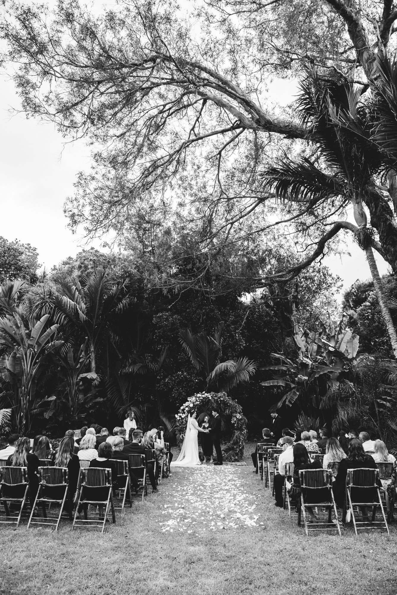 a black and white image of the wedding ceremony with trees and a wedding arch and all the guests seated