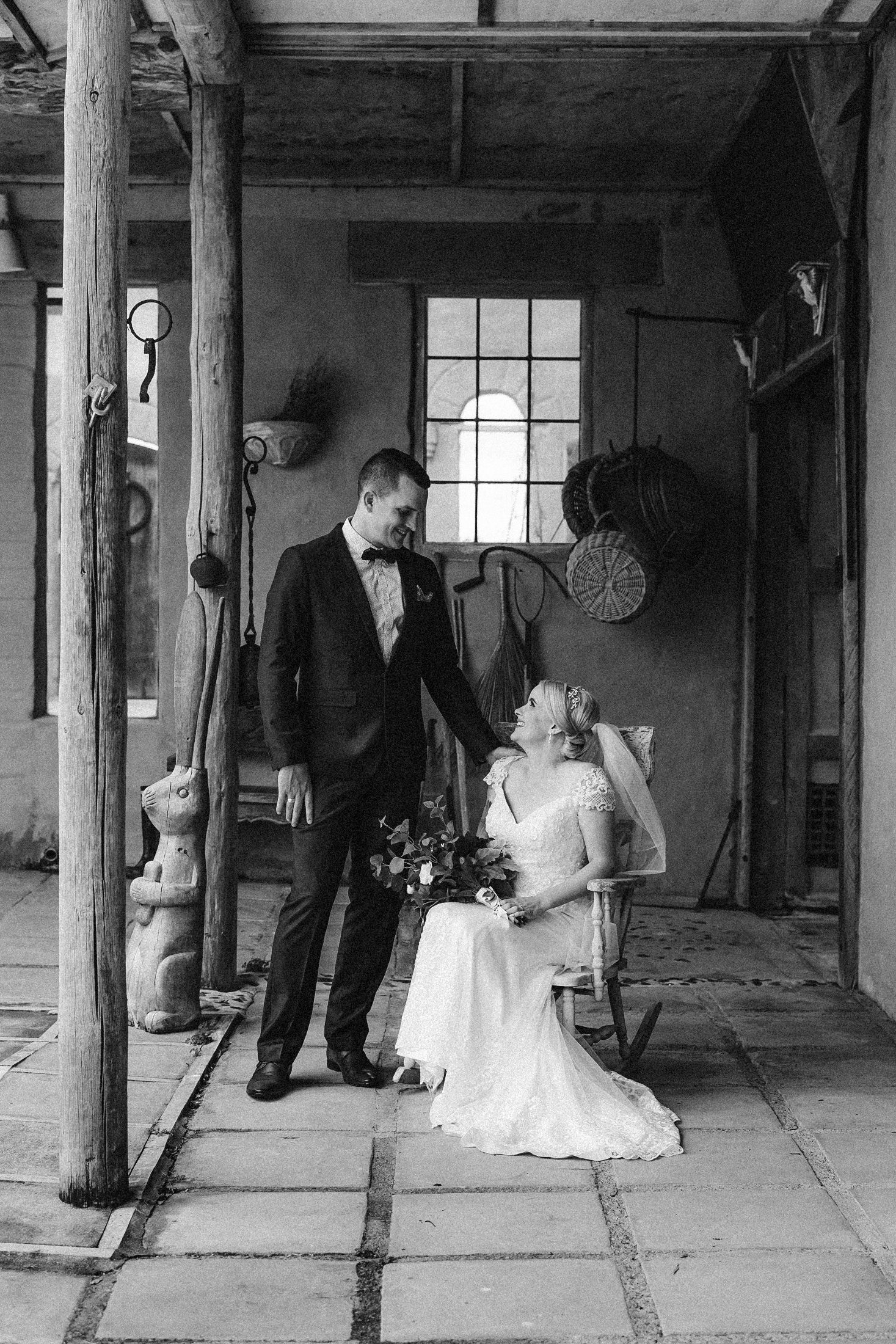 a black and white image of a bride and groom at Casale Di Terra, Waiheke Island