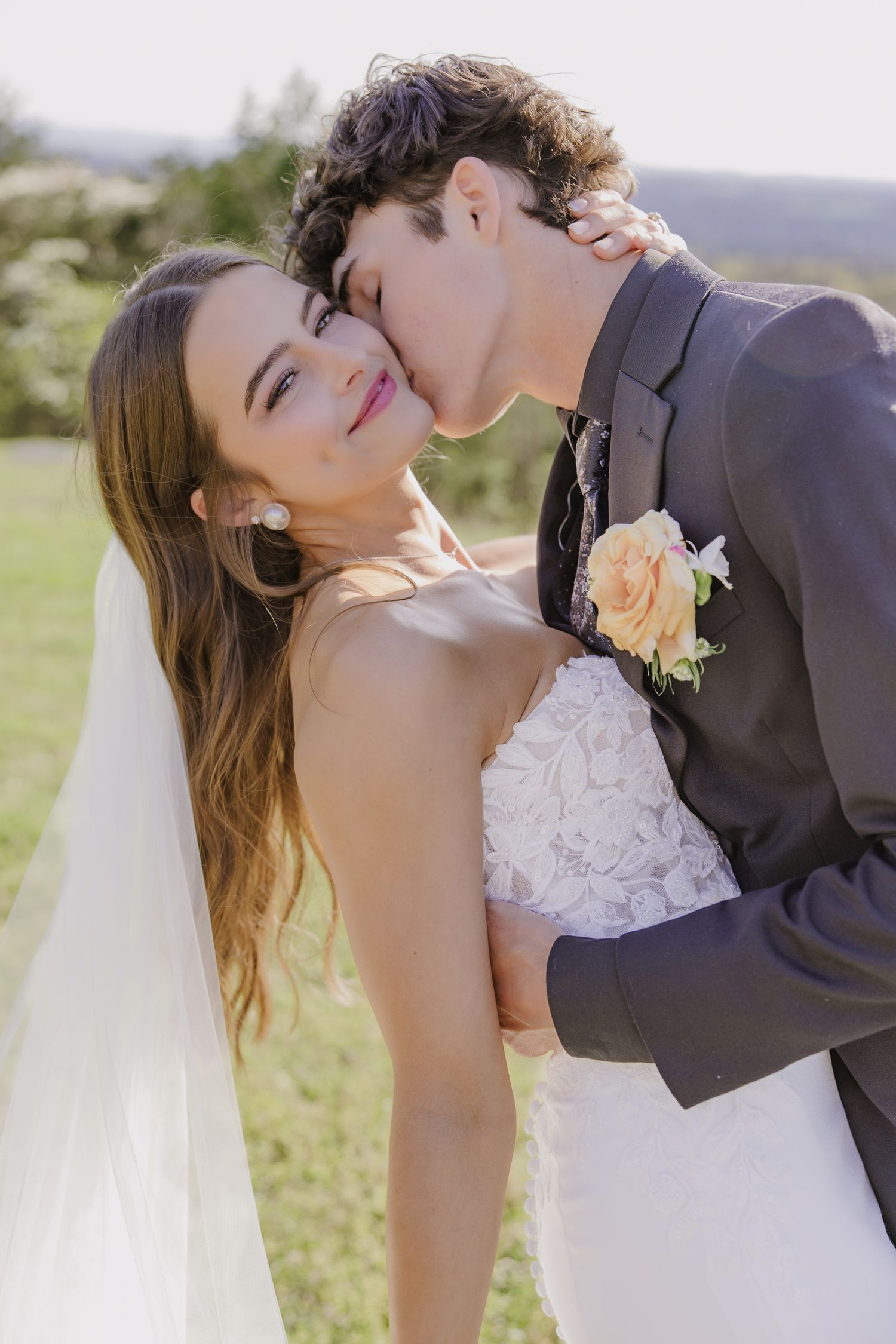 Series of romantic outdoor wedding portraits showing tender moments between newlyweds.