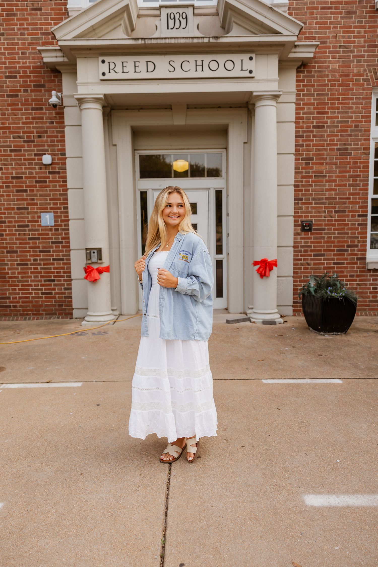 Stylish summer outfit captured in multiple angles at Reed School entrance.