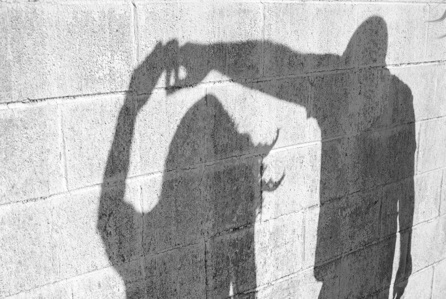 Shadow silhouettes of embracing couple cast on white wall.