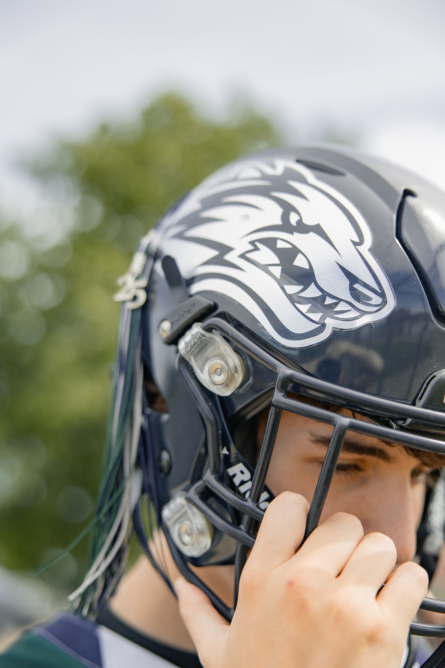 Close-up detail of navy blue football helmet with team logo.