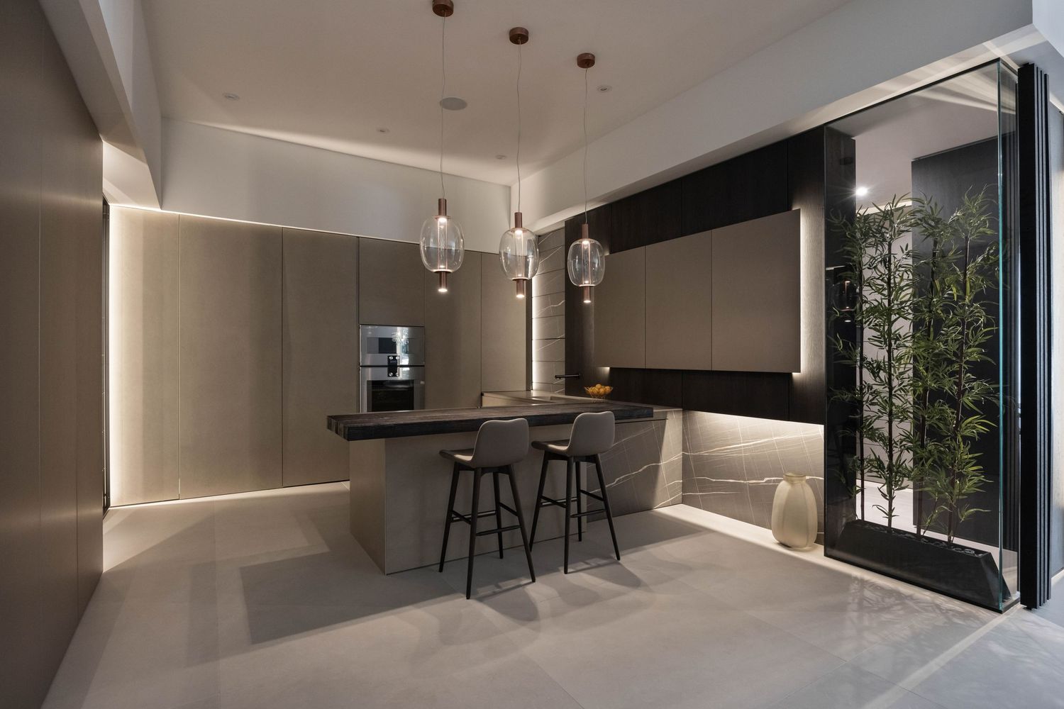 Open concept living space with floor-to-ceiling windows and modern decor.