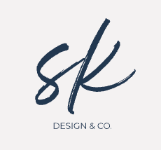 Elegant navy blue cursive SK monogram logo design with 'DESIGN & CO' text underneath.