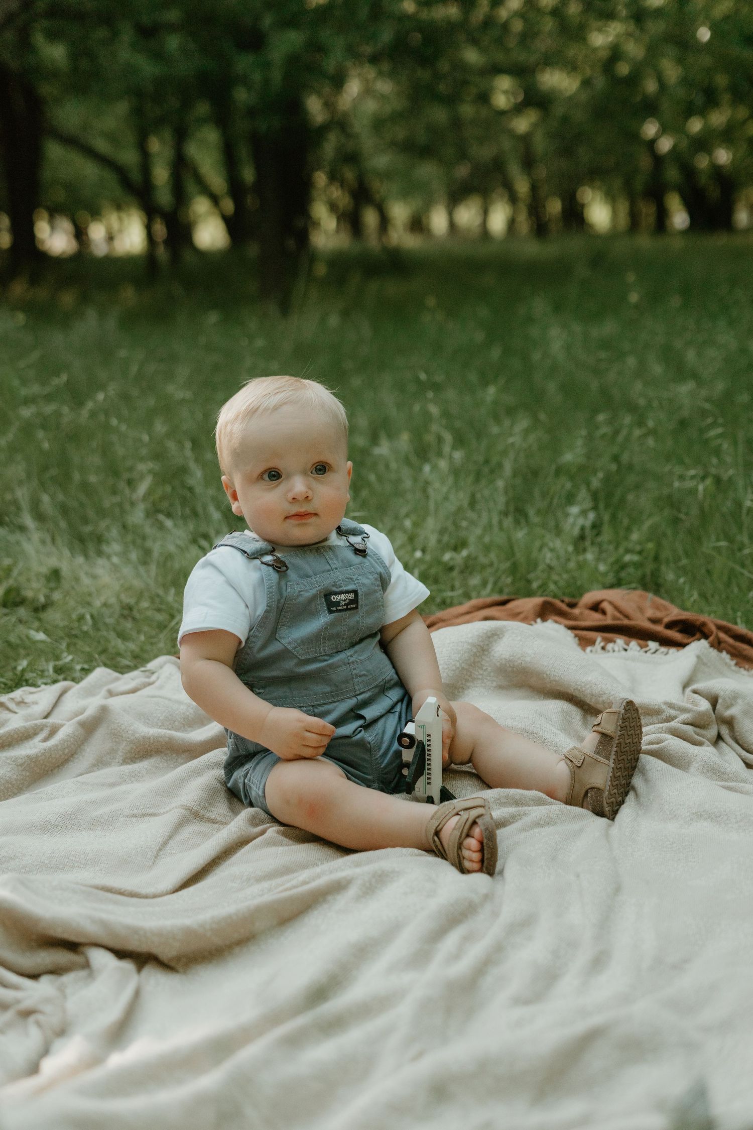 Adorable toddler in denim overalls sitting on linen blanket in green park.