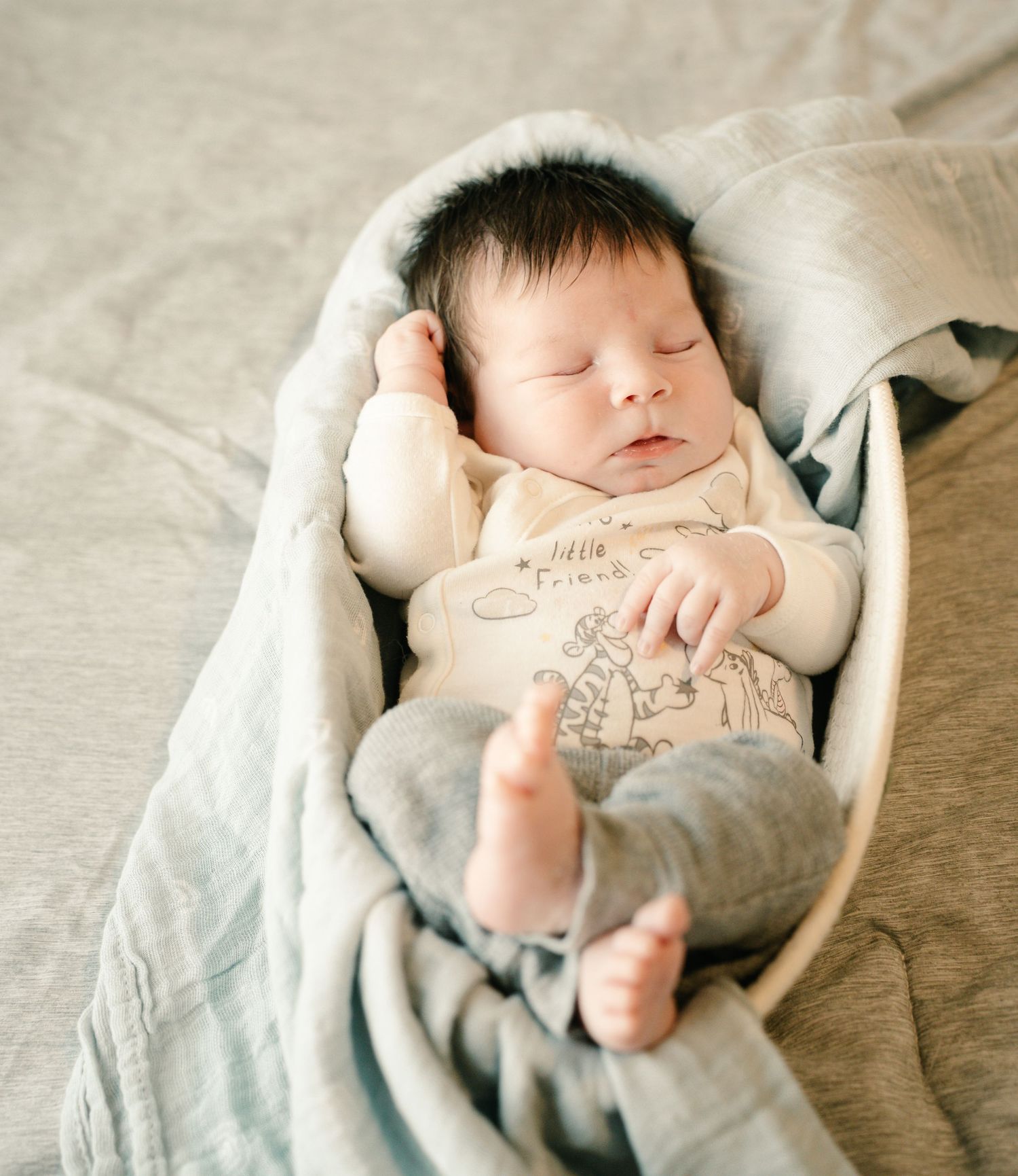 Peaceful newborn baby sleeping in a cozy basket wrapped in a soft gray blanket.