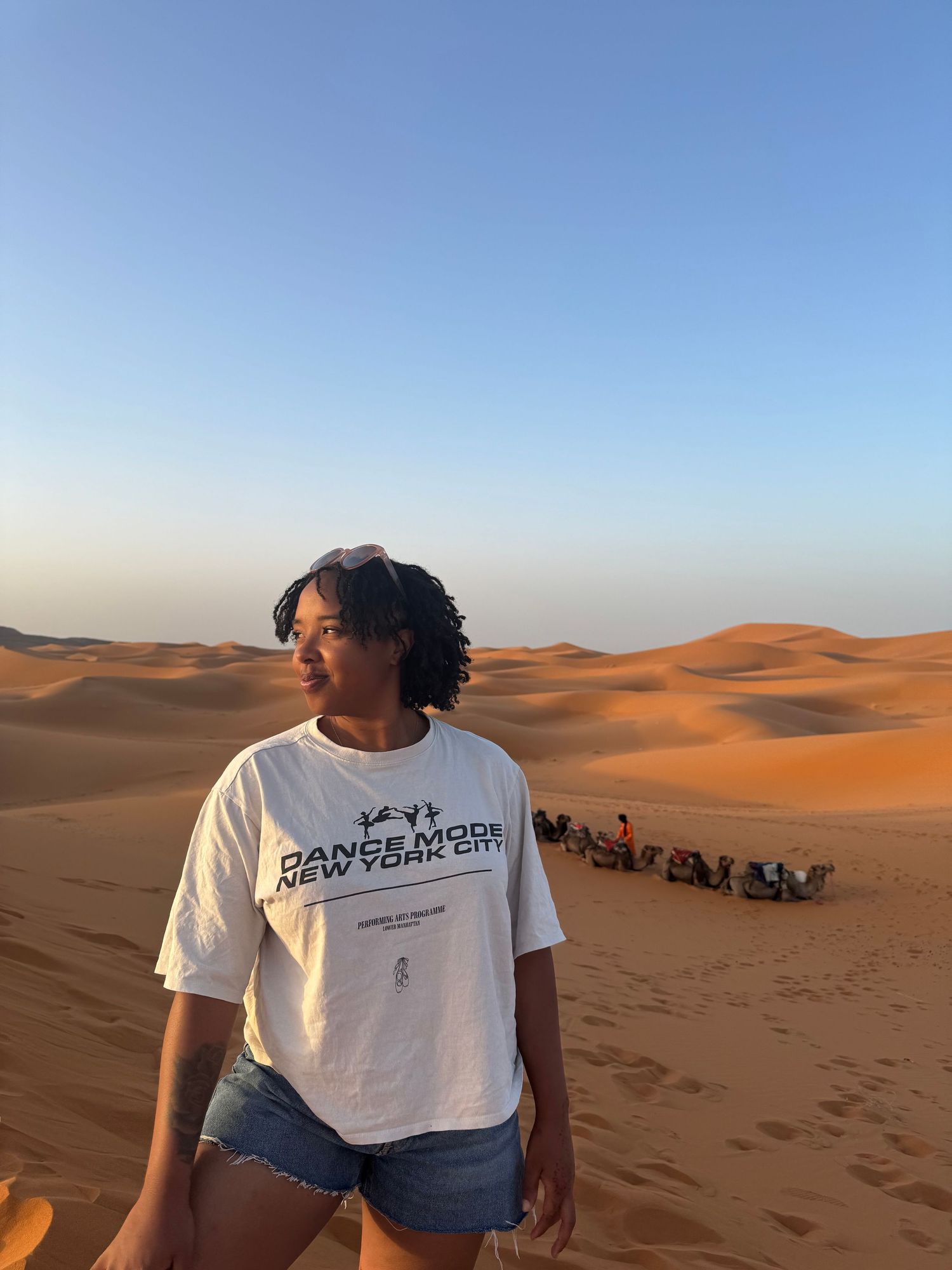 Desert landscape photo with sand dunes and camels in background during sunset in Morocco