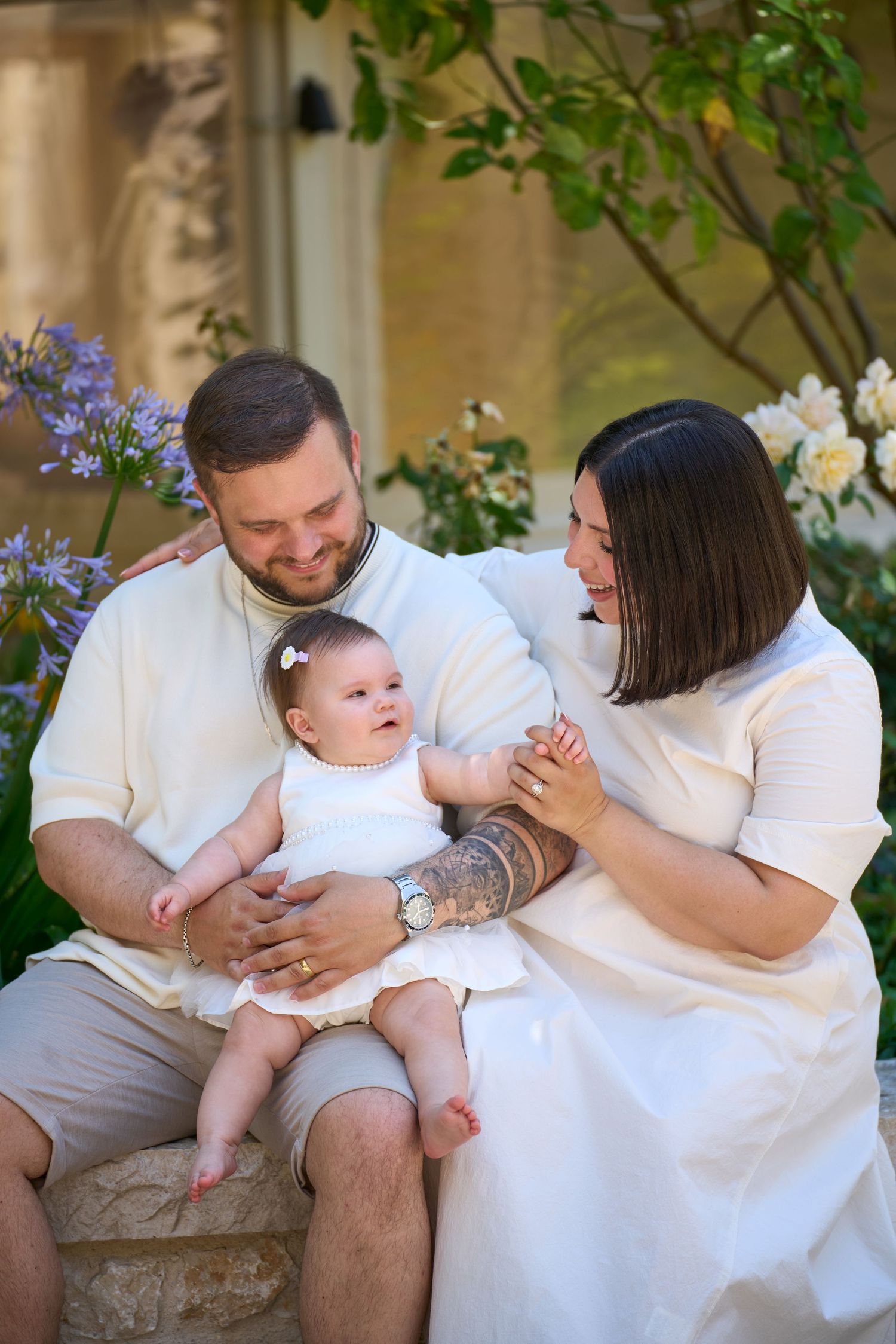 Family portrait session with baby girl among flowers, Antibes