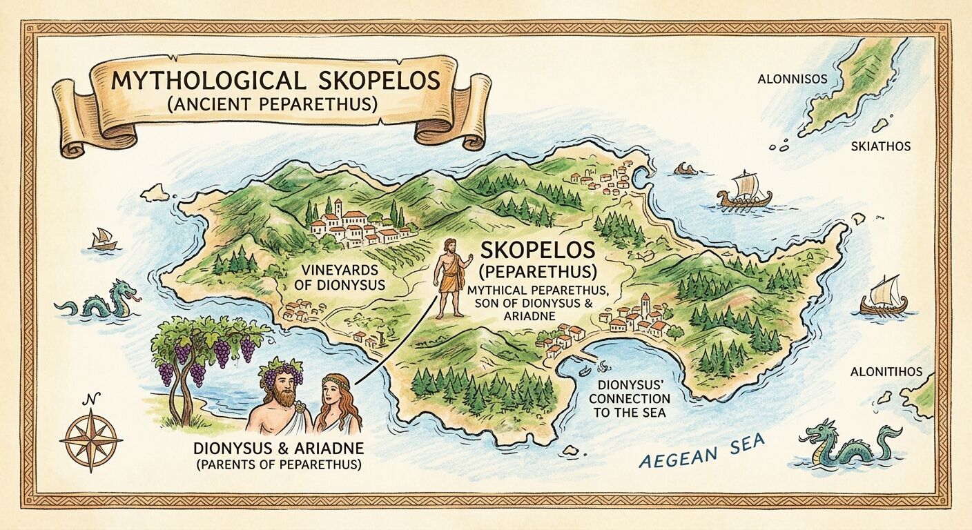 Mythological map of Skopelos island showing landmarks, figures of Dionysus, Ariadne, and Peparethus, and surrounding Aegean Sea