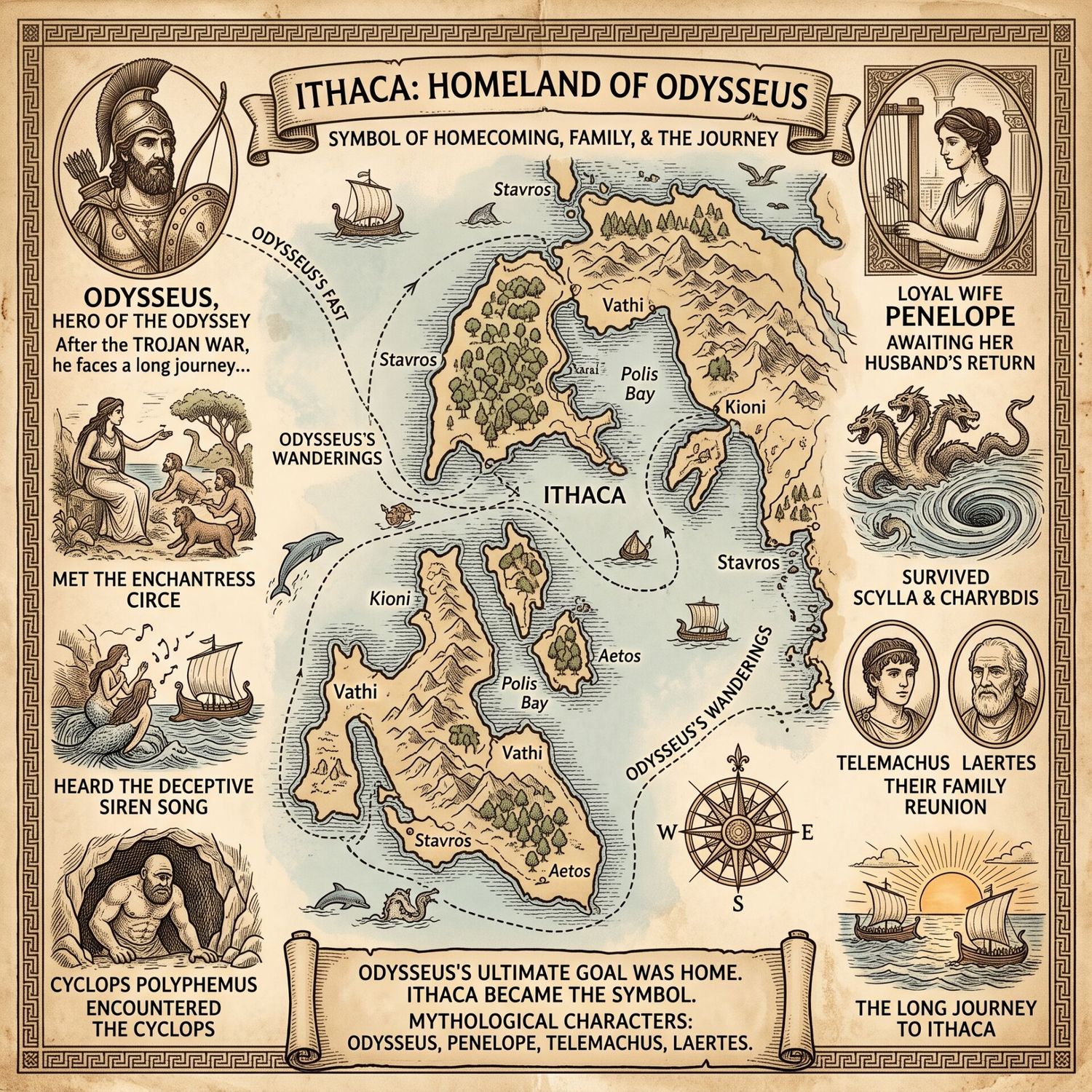 Map of Ithaca island illustrating Odysseus's journey with mythological characters and landmarks in ancient Greek style