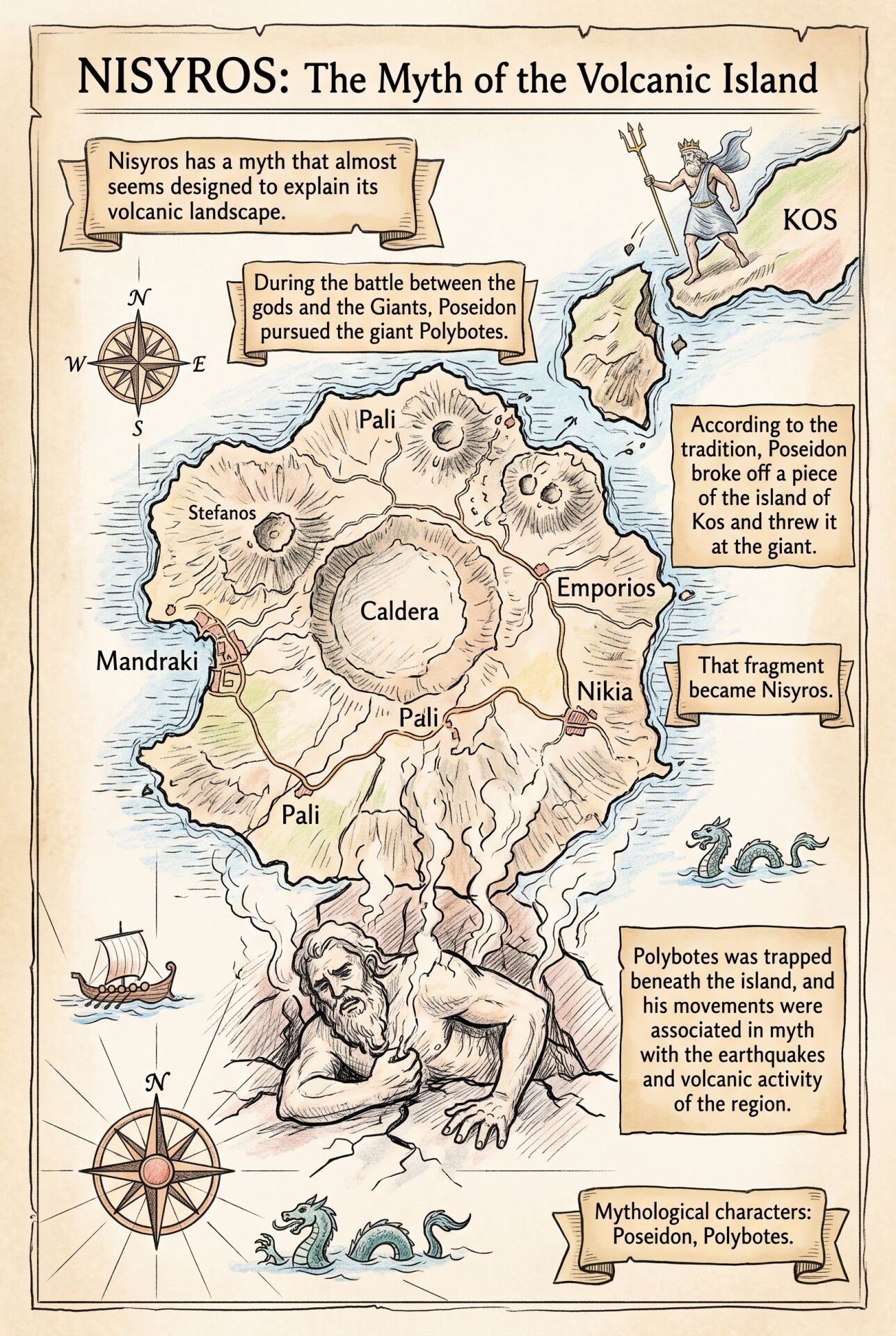 Illustrated map of Nisyros island showing a volcanic caldera and mythological figures Poseidon and Polybotes in the sea