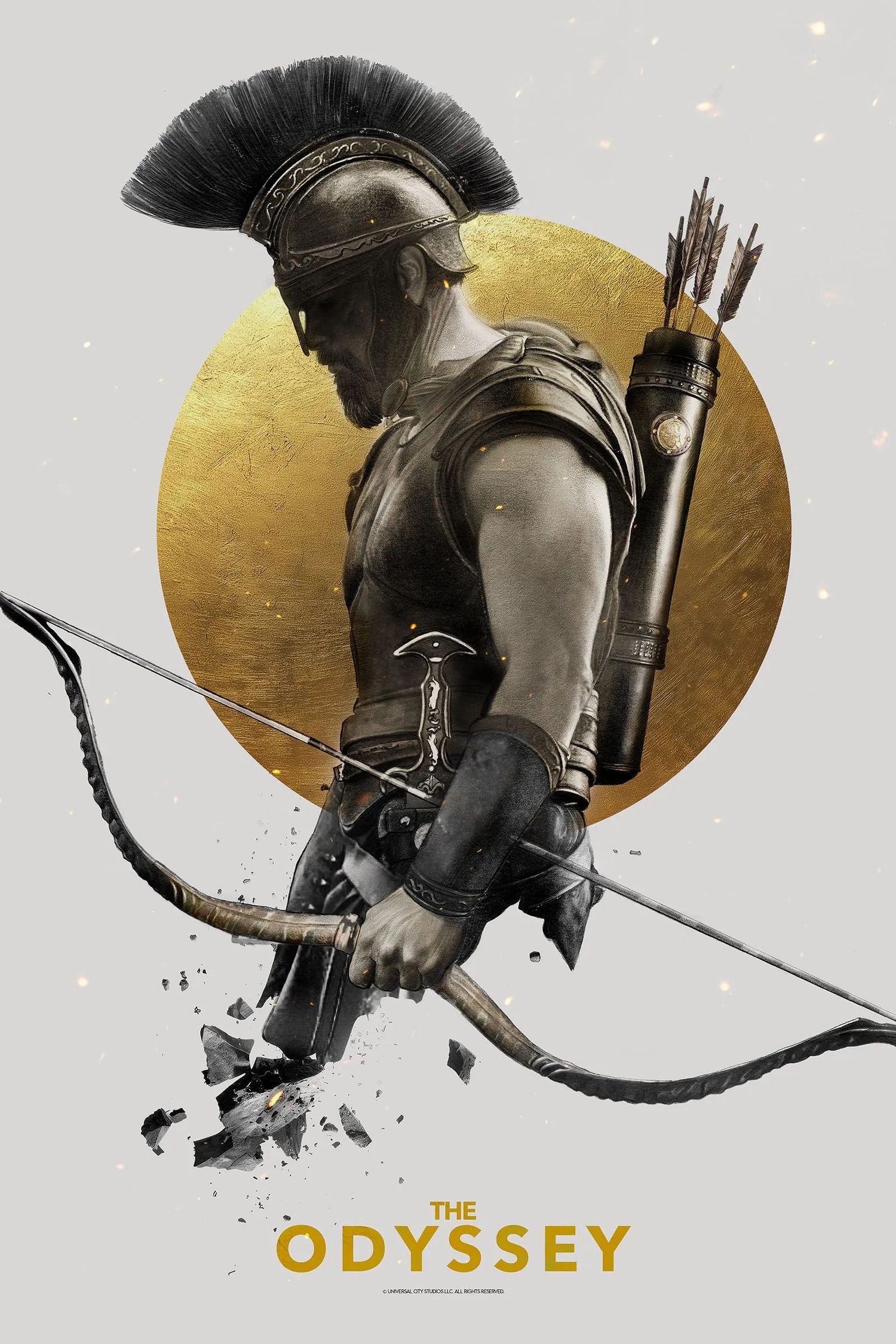 The Odyssey movie poster featuring armored Greek warrior with bow and arrow against gold circle background.