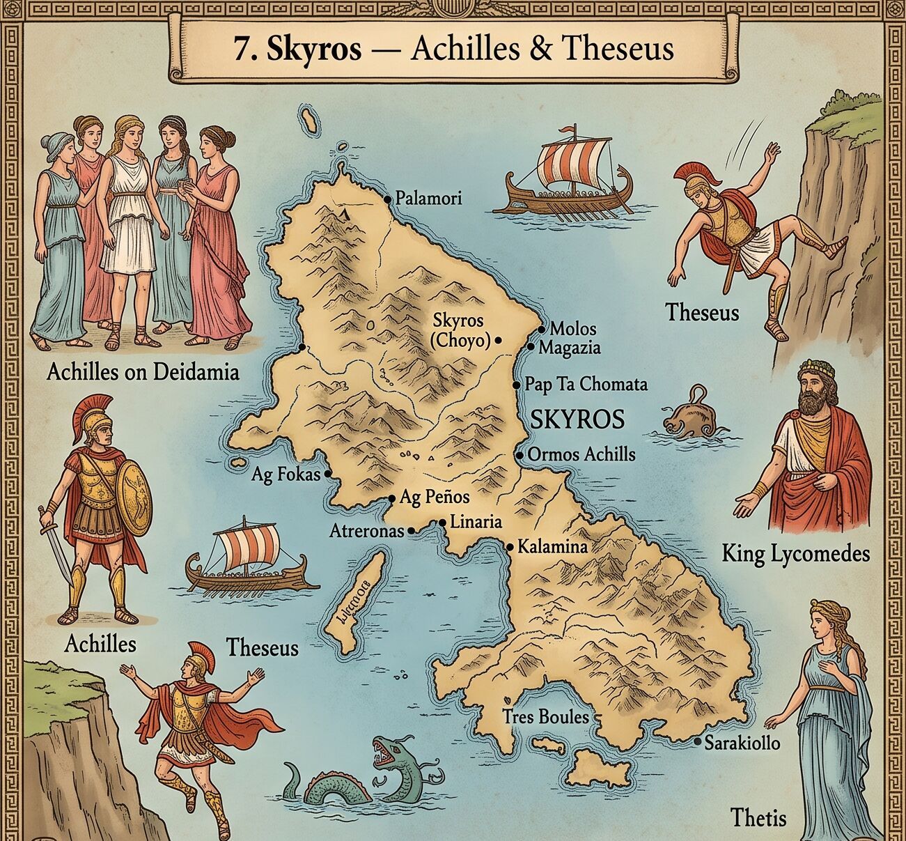 Map of Skyros island showing locations and illustrations of Achilles, Theseus, King Lycomedes, and Thetis with ancient Greek style ships