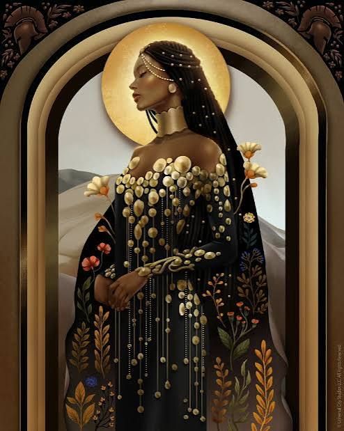Ethereal Black woman in golden halo, adorned with ornate floral black gown, standing in arched doorway.