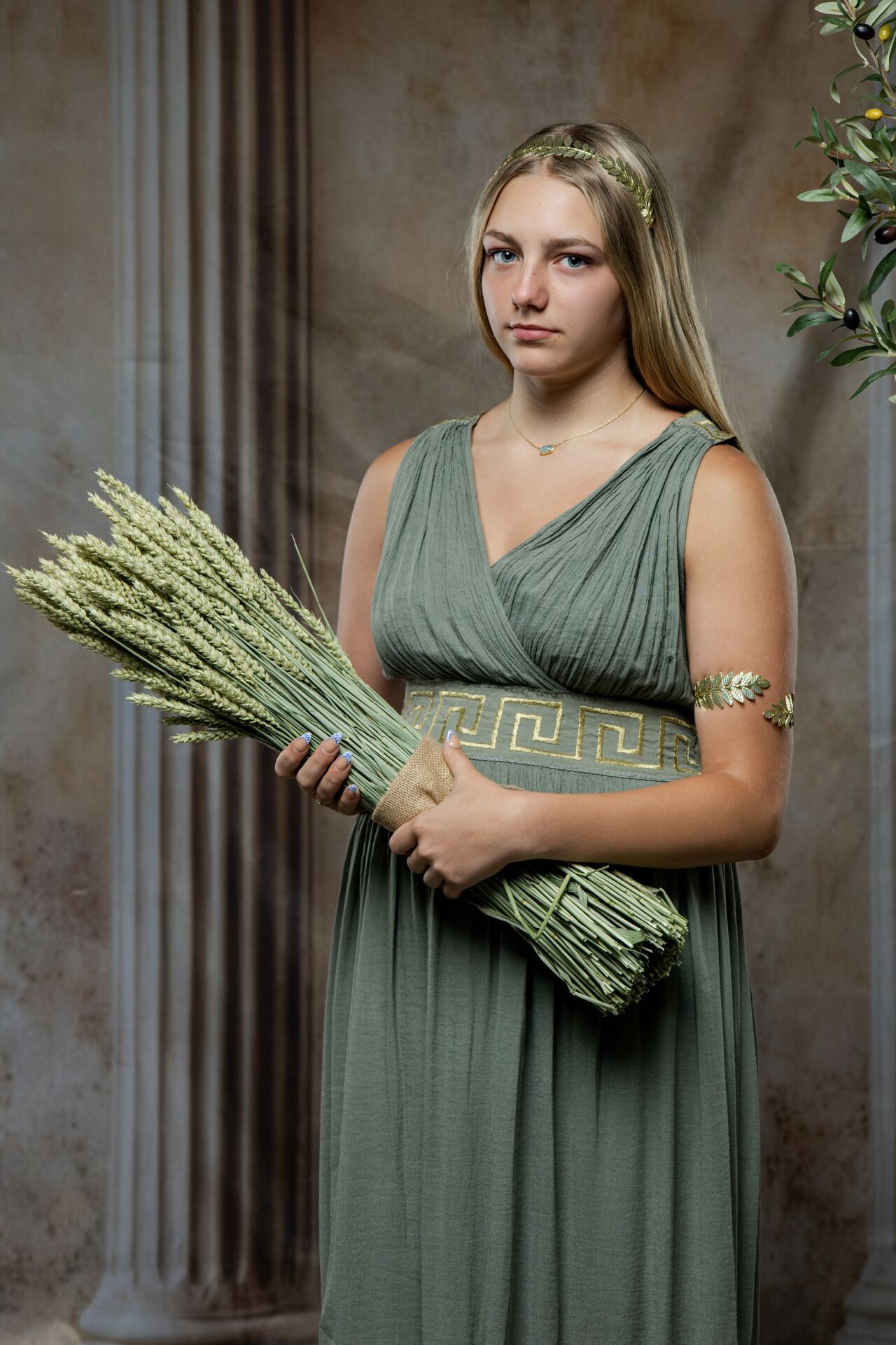 Demeter classical goddess portrait session in Athens with Ancient Greek style and GreekClick photography.