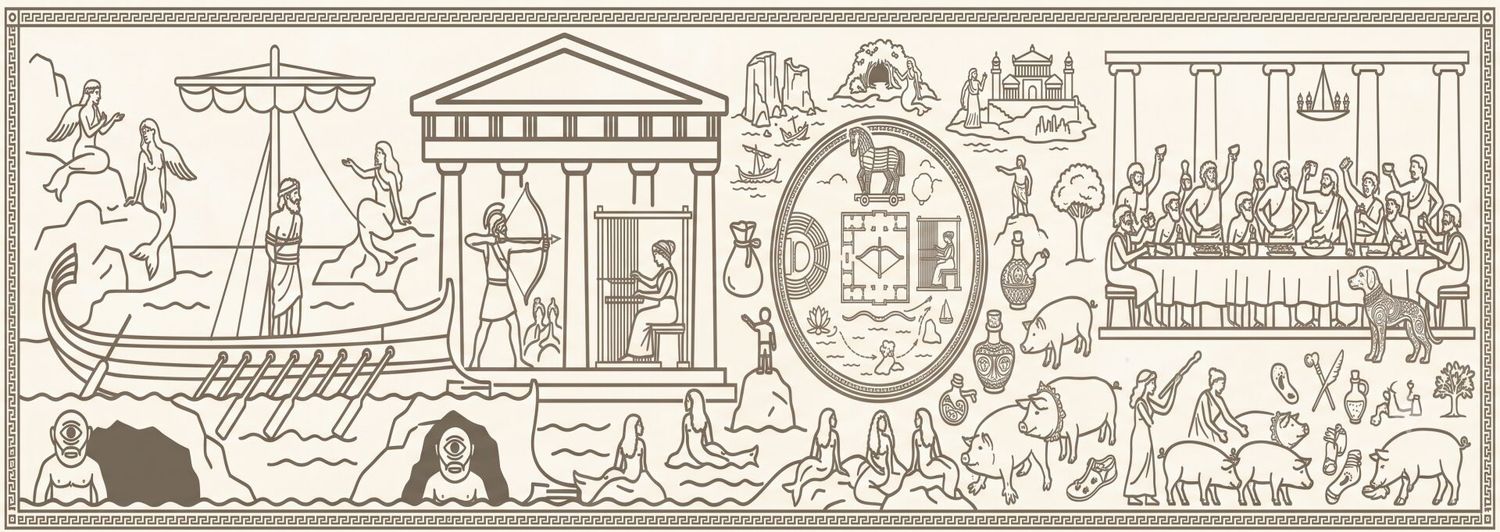Ancient Greek frieze illustration depicting mythological scenes with gods, heroes, ships, temples, and animals in classic engraving style.