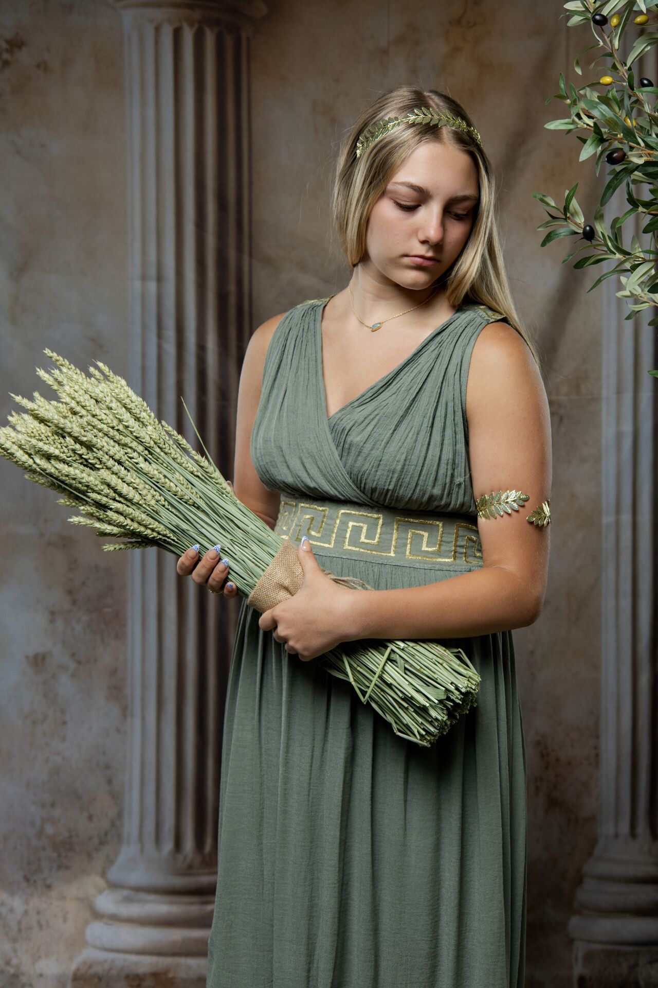 Demeter Ancient Greek costume photoshoot in Athens with natural symbols and GreekClick mythology portraits.