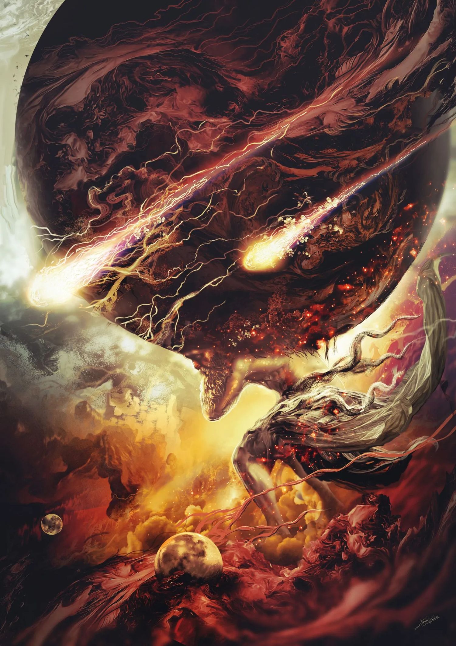 Fantasy digital art of a dragon amid meteors, lightning, and swirling cosmic clouds in fiery red and gold tones.