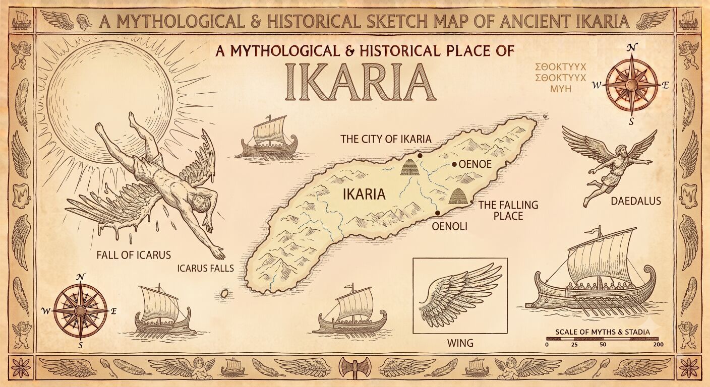 Mythological sketch map of ancient Ikaria showing the fall of Icarus, Daedalus flying, ships, and island landmarks