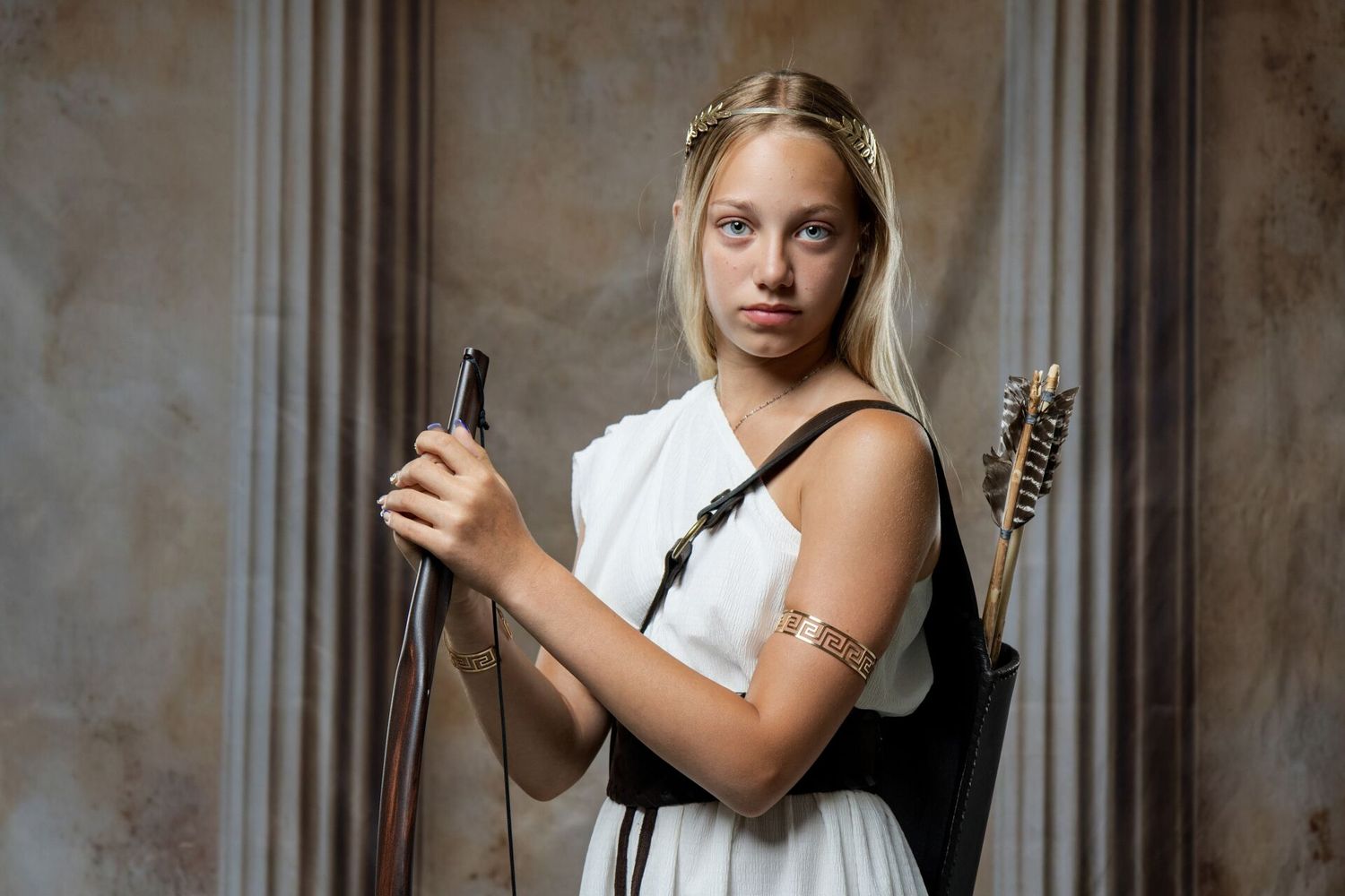 Classical Artemis goddess portrait session in Athens with Ancient Greek style and GreekClick photography.