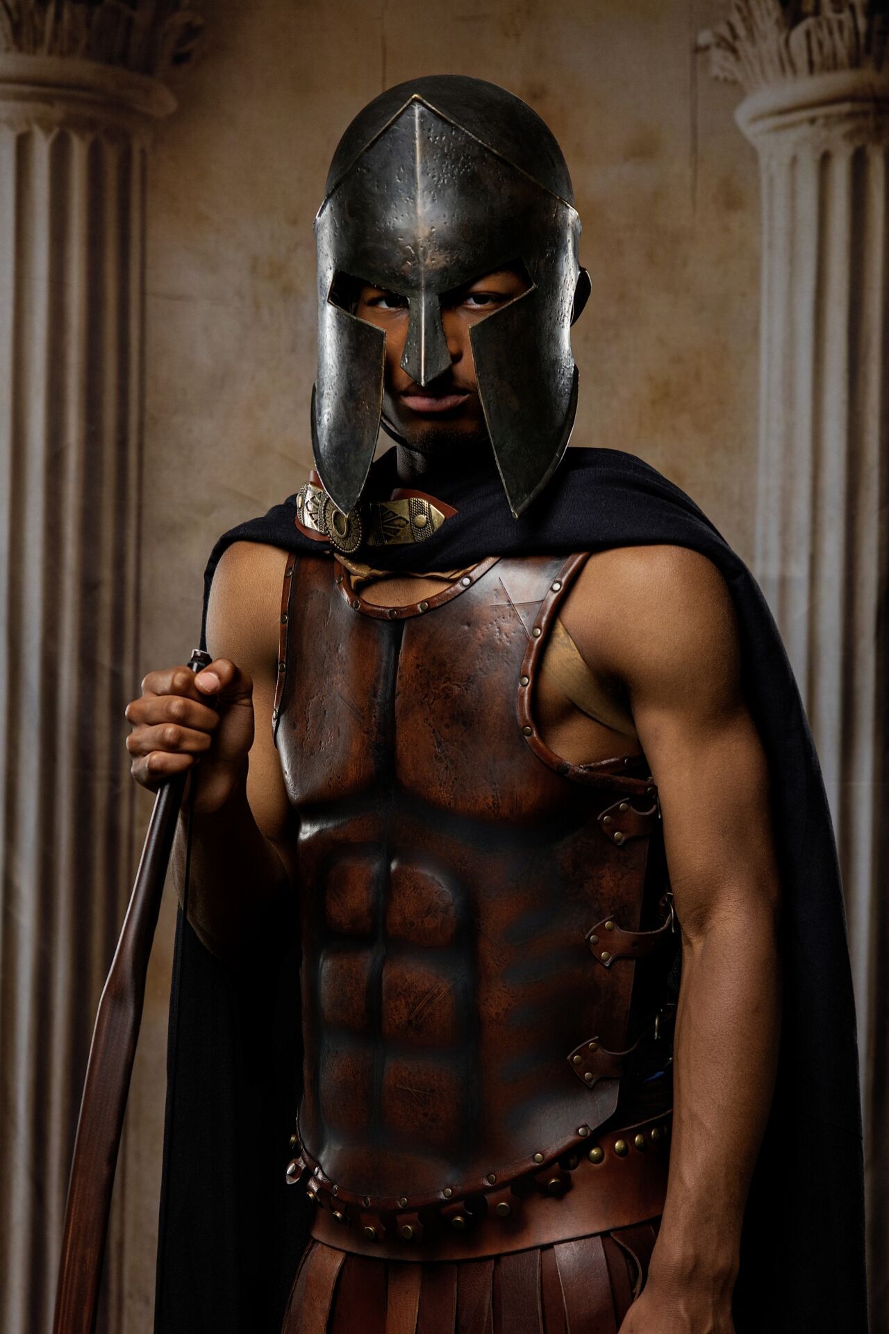 Greek mythology warrior portrait inspired by Ares with Ancient armor, heroic styling and GreekClick photography.