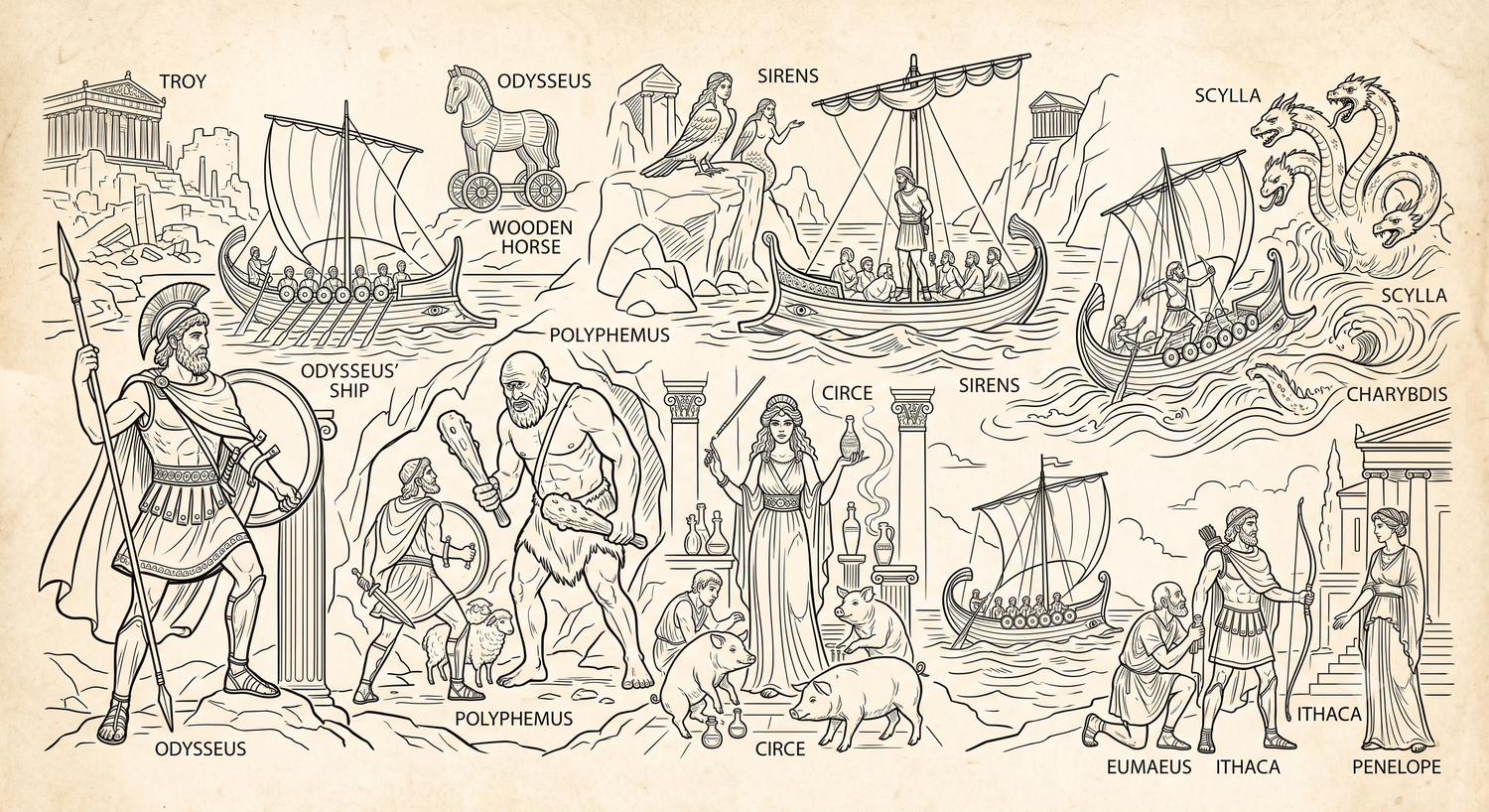 Black and white illustration of Greek mythology scenes featuring Odysseus, Polyphemus, Circe, sirens, and other epic odyssey characters.