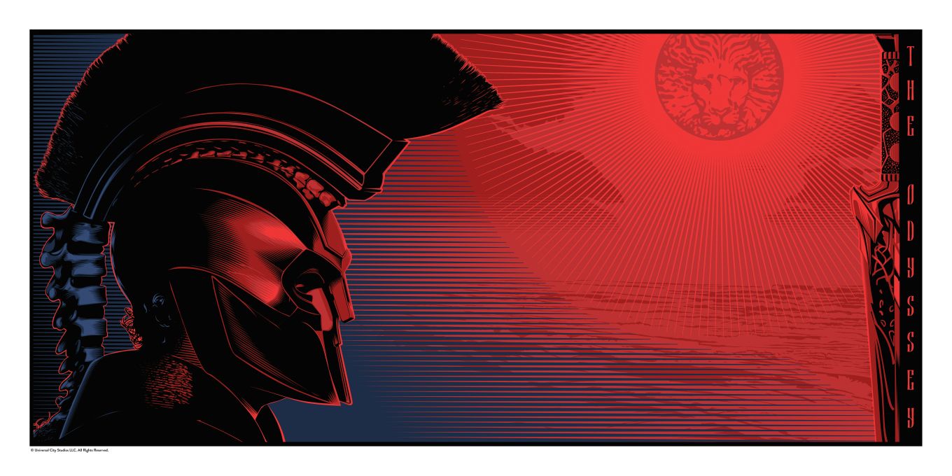 Dramatic red and black graphic art of ancient Greek Spartan warrior in profile wearing crested helmet.