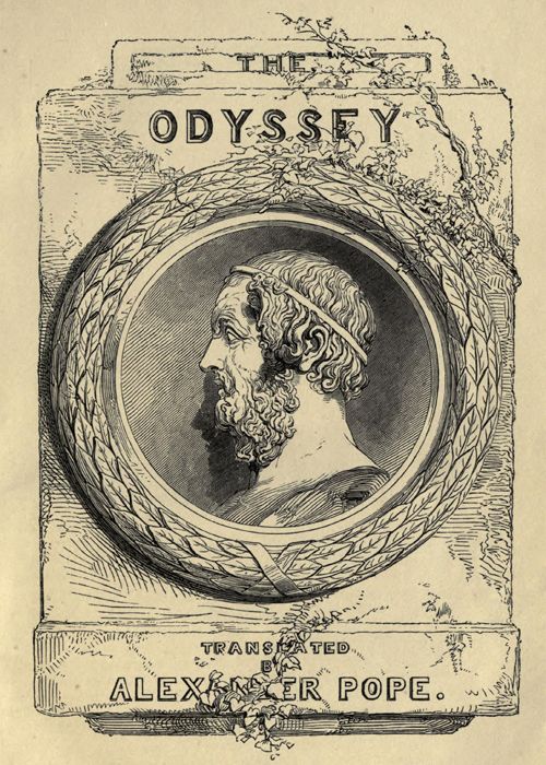 Engraved frontispiece of The Odyssey translated by Alexander Pope, featuring a classical portrait medallion.