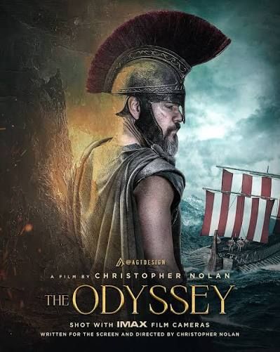 Movie poster for The Odyssey, a Christopher Nolan film, featuring a warrior in ancient Greek armor with a red-plumed helmet.