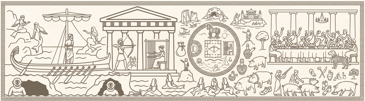 Detailed monochrome illustration featuring ancient Greek temple, Last Supper, zodiac symbols, and mythological scenes in panoramic style.