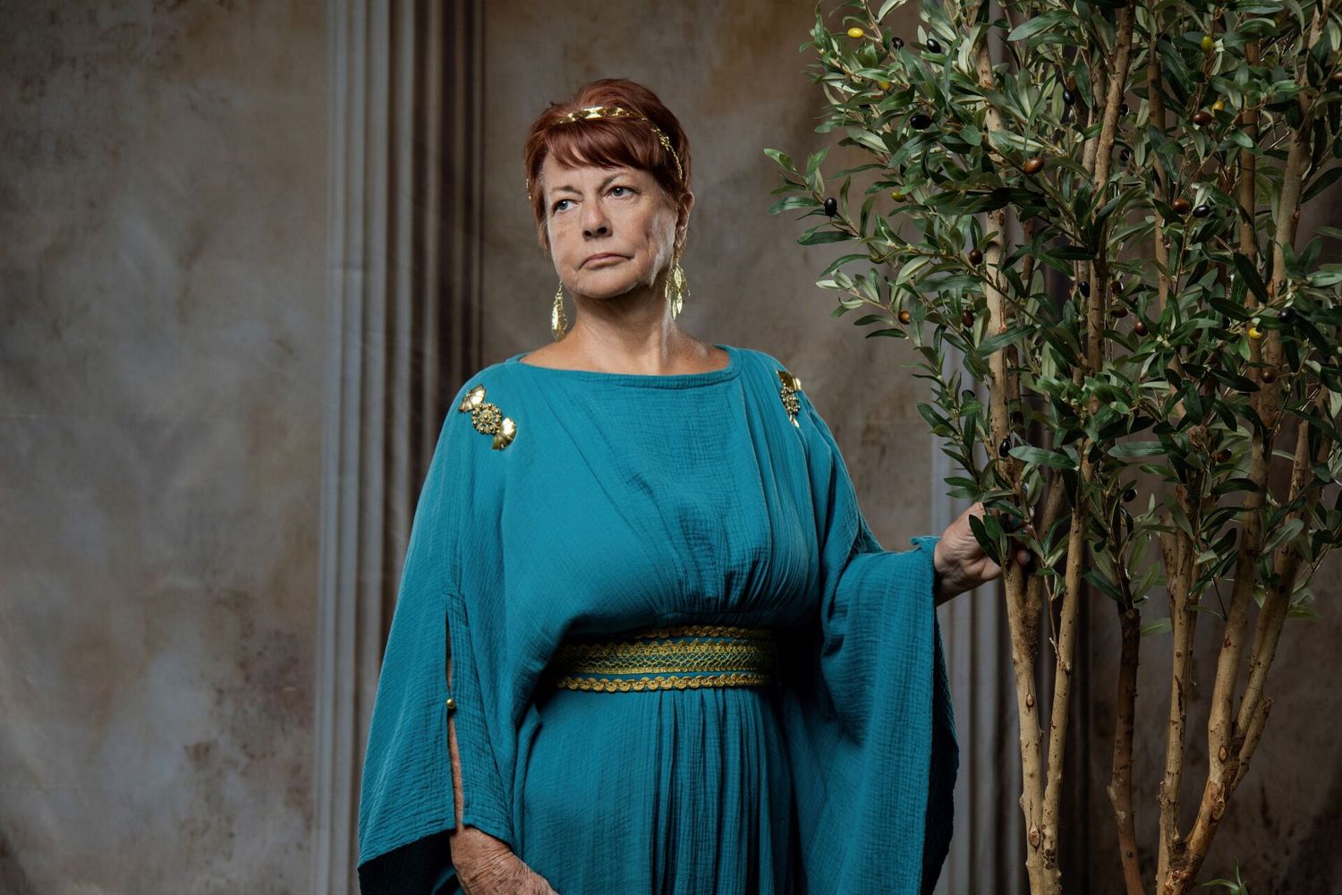 Hera Greek goddess portrait experience in Athens with royal Ancient Greek costume and cinematic GreekClick photography.