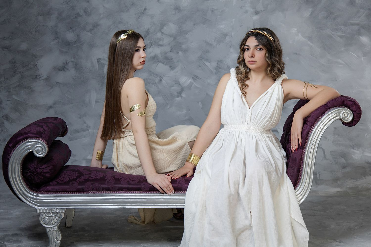 Step into a myth: Professional studio photo of a young girl as a classical Hellenic beauty in the heart of Athens.