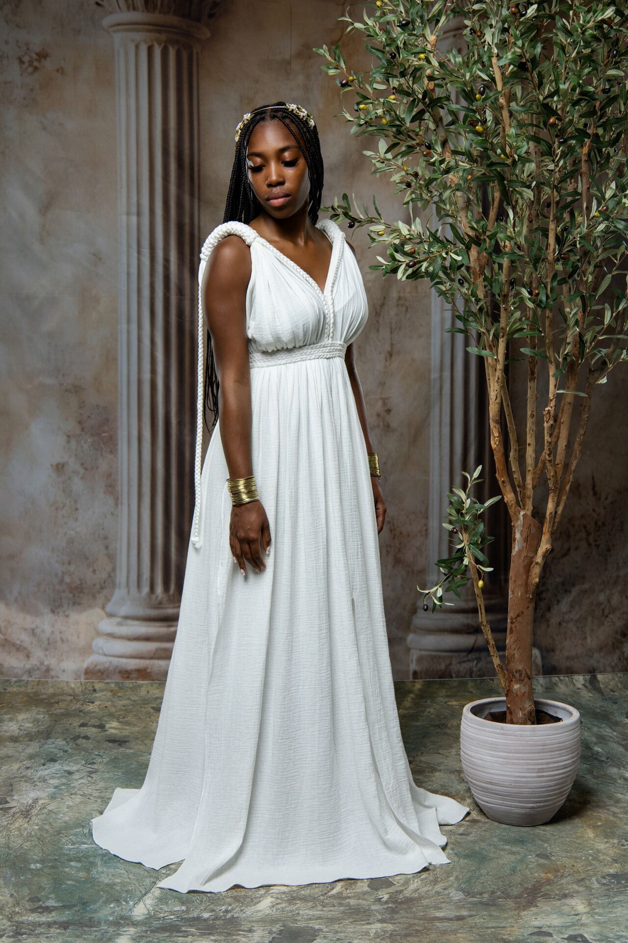 Greek mythology priestess portrait experience in Athens with olive symbolism, classical style and GreekClick photography.