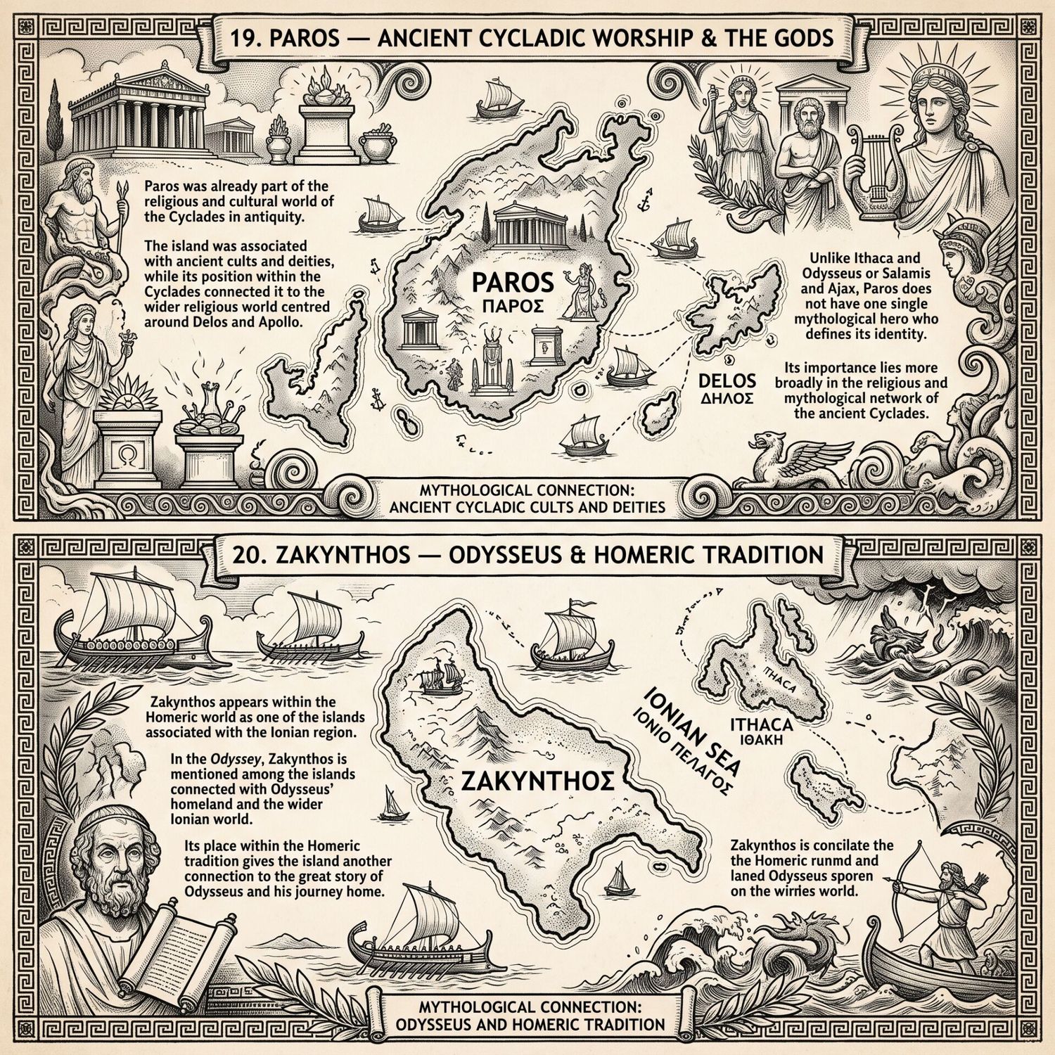 Two illustrated maps showing Paros with ancient Cycladic gods and Zakynthos with Odysseus and Homeric tradition
