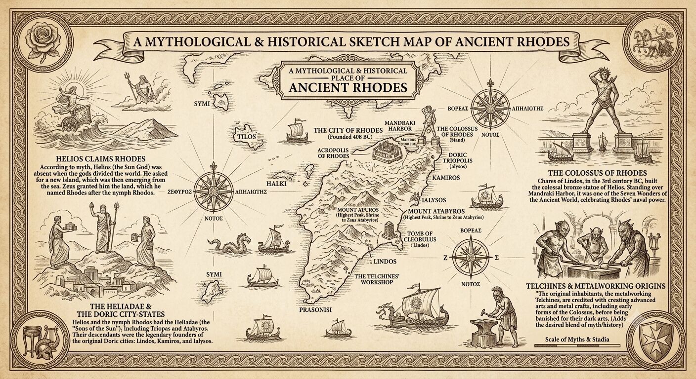 Mythological and historical map of ancient Rhodes with illustrations of gods, heroes, and landmarks from Greek mythology