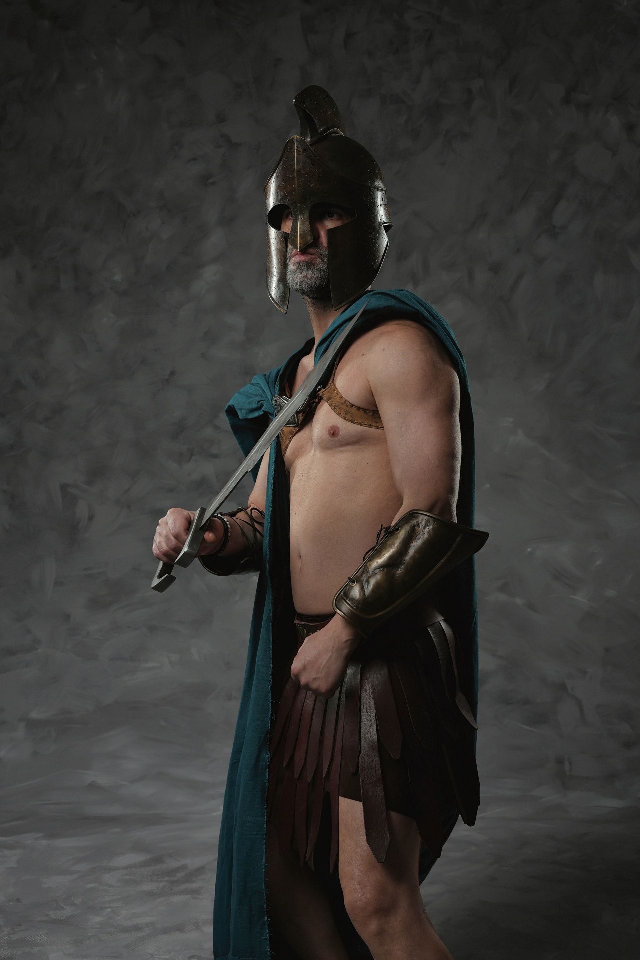 Cinematic Themistoklis warrior photoshoot in Athens with Spartan costumes and GreekClick professional photography.
