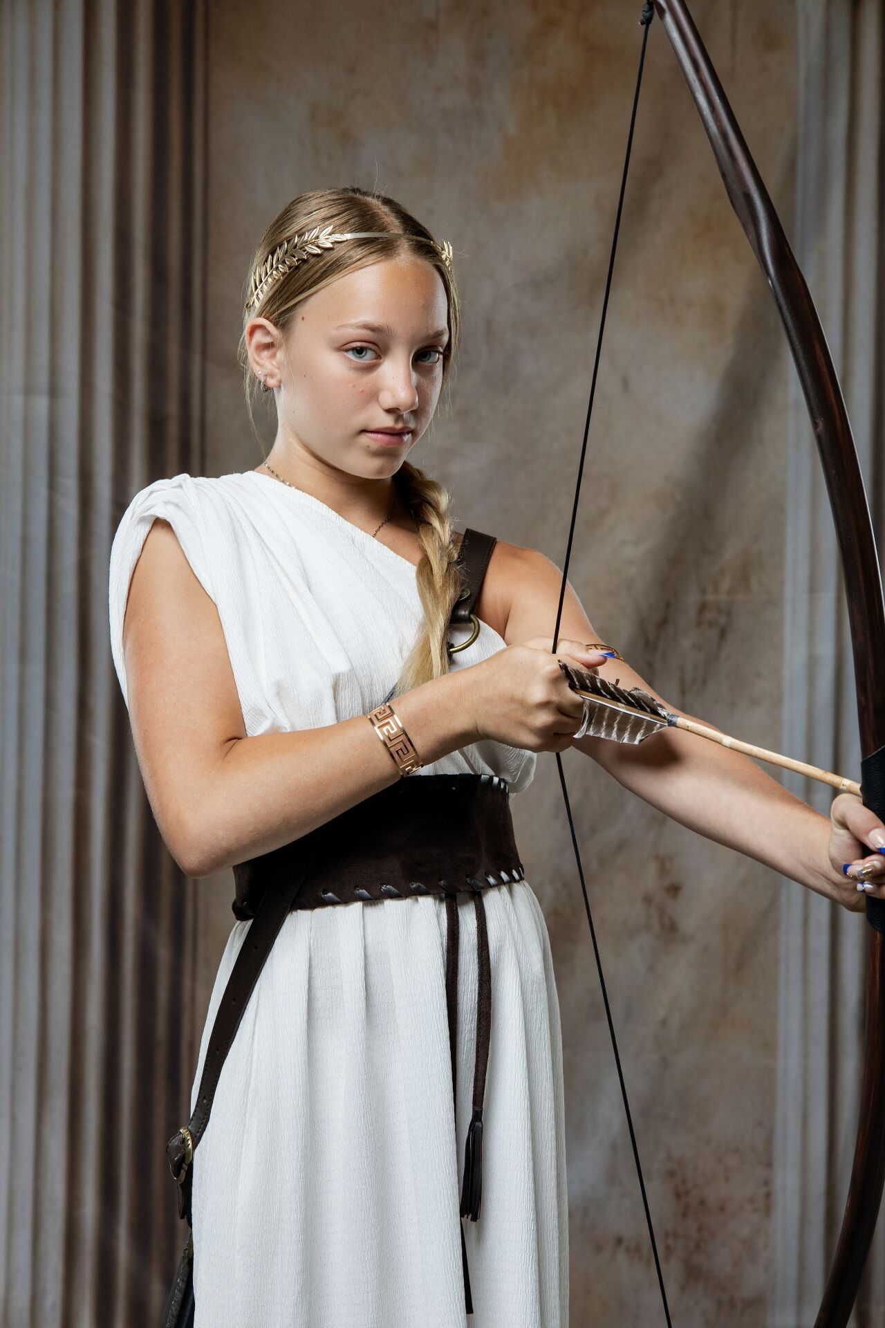 Artemis mythology travel experience in Athens with goddess costumes, elegant styling and GreekClick photography.