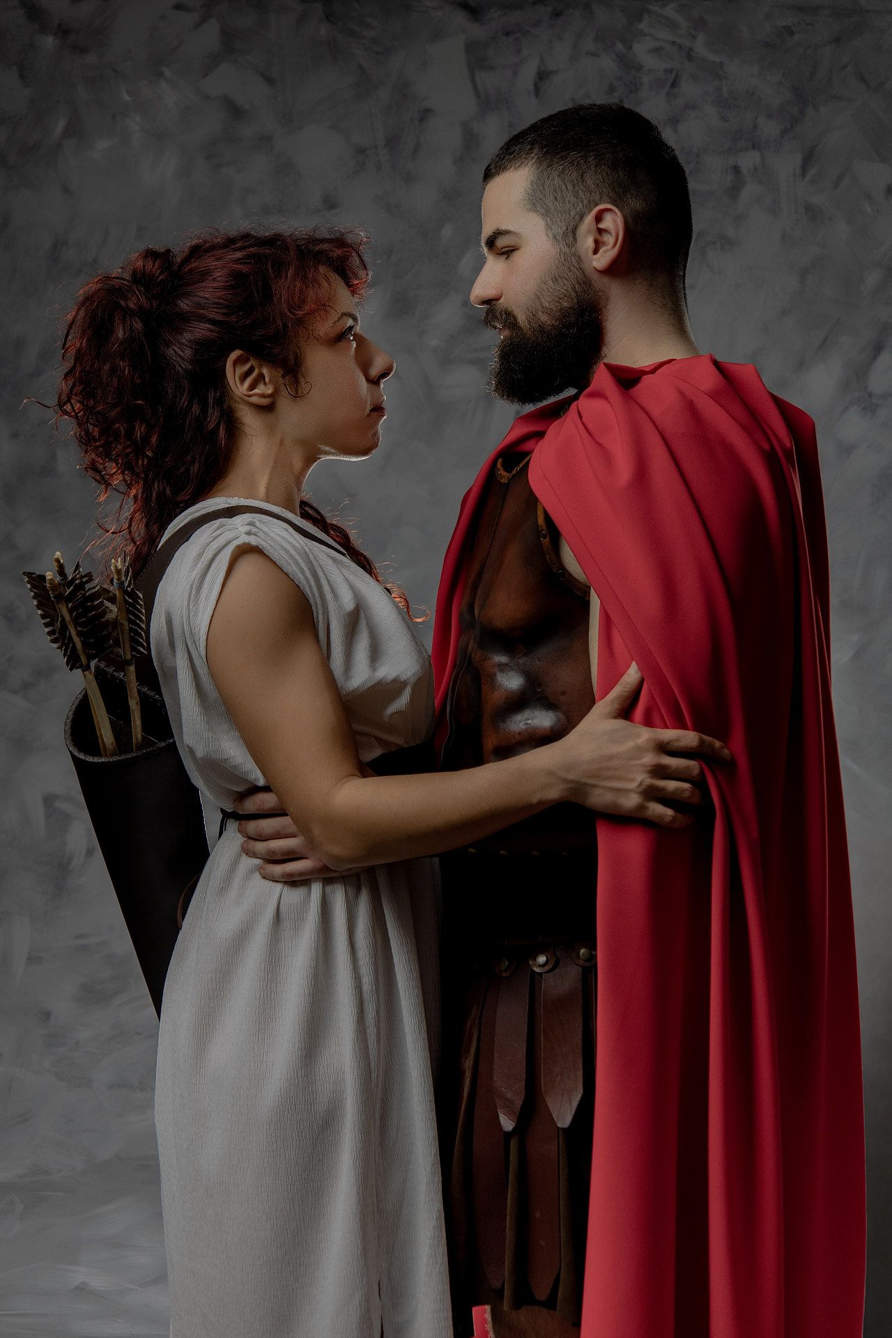 Warrior and nymph couple photoshoot in Athens inspired by Greek mythology with cinematic GreekClick portraits.