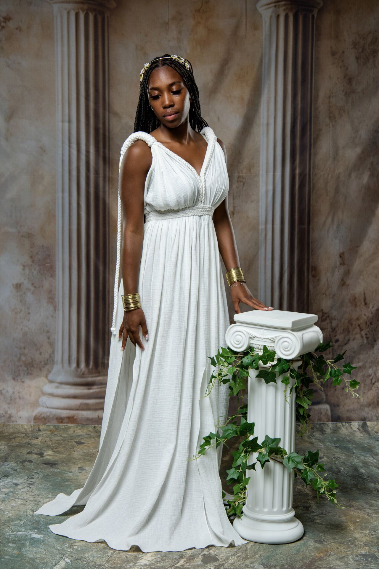 Ancient Greek priestess dress-up photoshoot in Athens with classical costumes and cinematic GreekClick portraits.