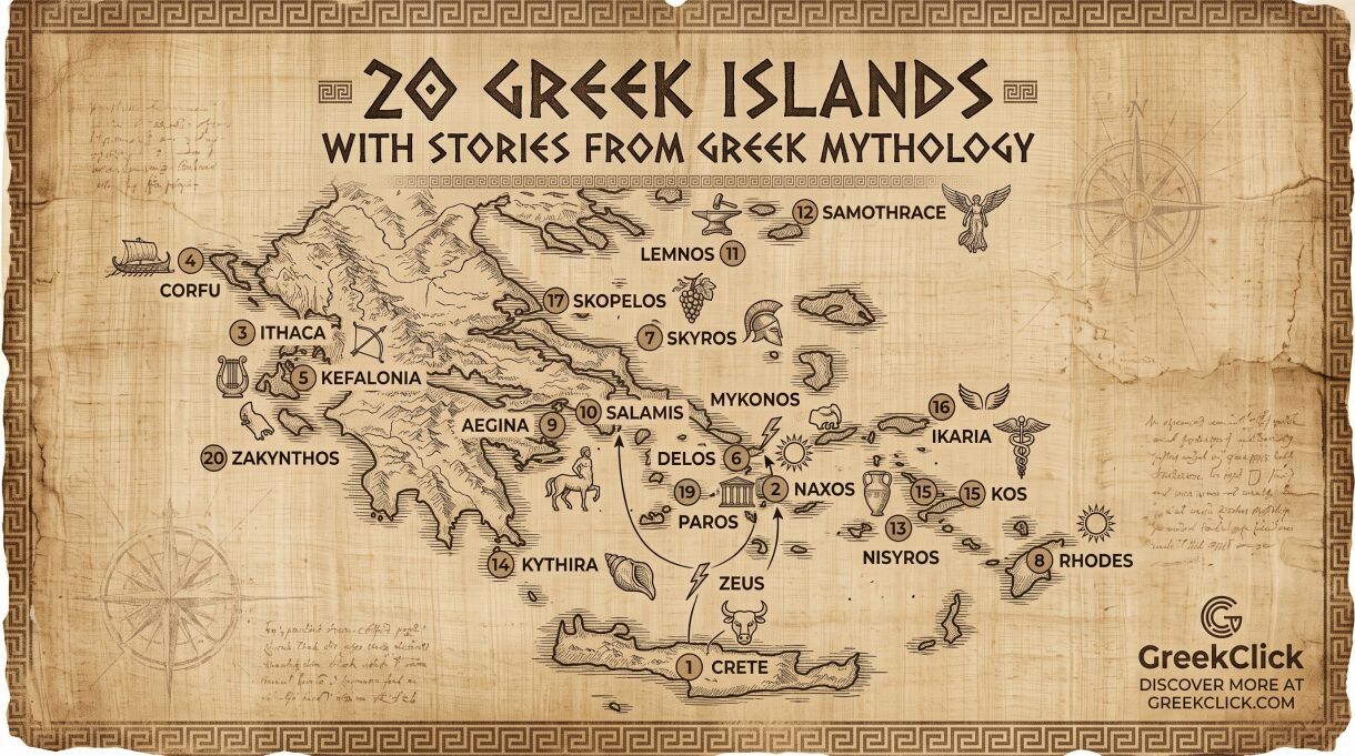 Map showing 20 Greek islands with icons representing Greek mythology stories and gods