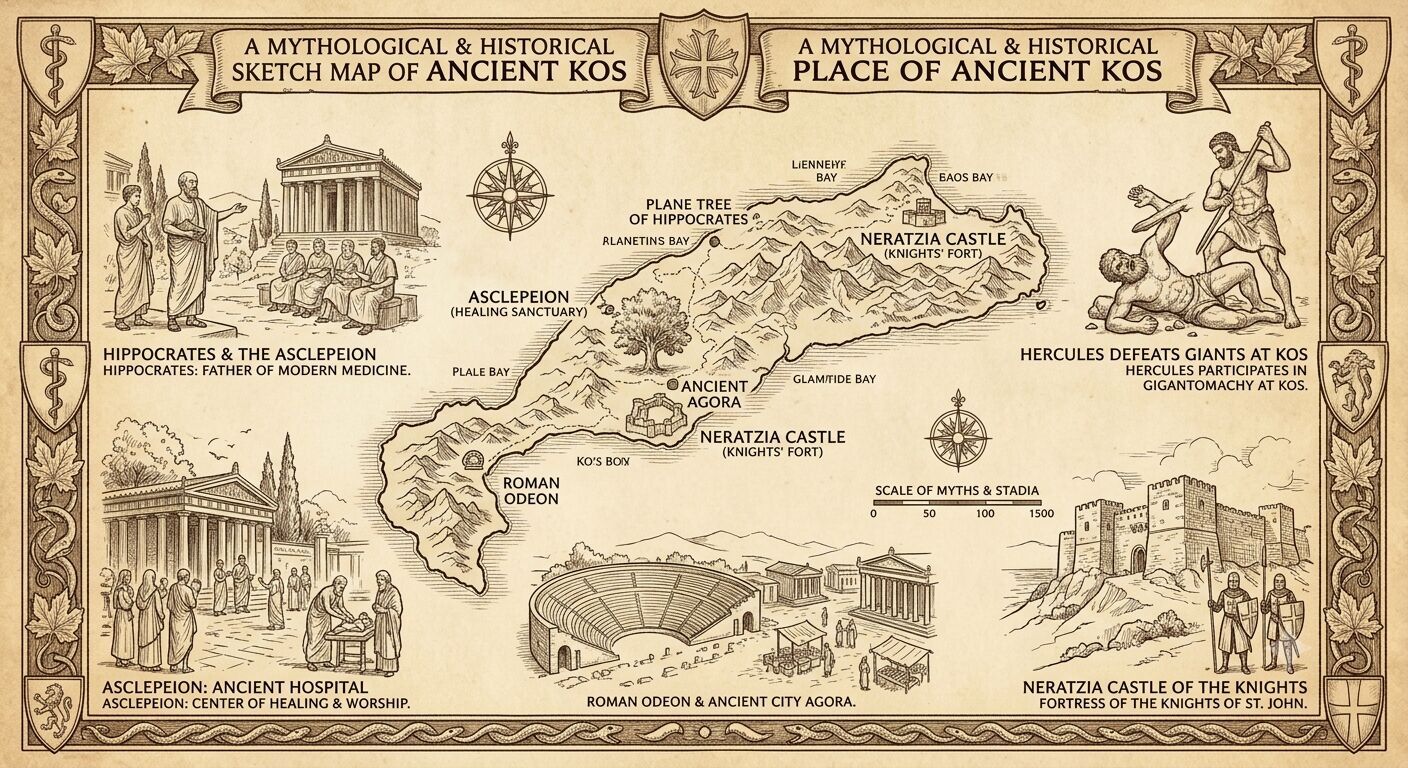 Detailed sepia-toned mythological and historical map of ancient Kos island with illustrations of Hippocrates, Asclepieion, Hercules, and Ner