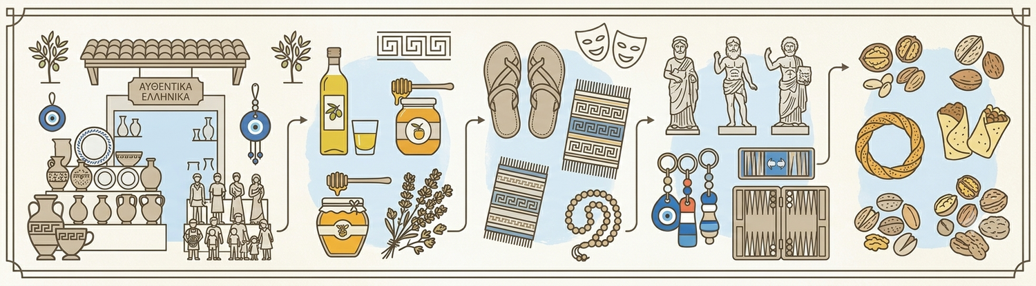 Greek culture illustration featuring olive oil, sandals, evil eye charms, honey, statues, and traditional patterns in a decorative banner.