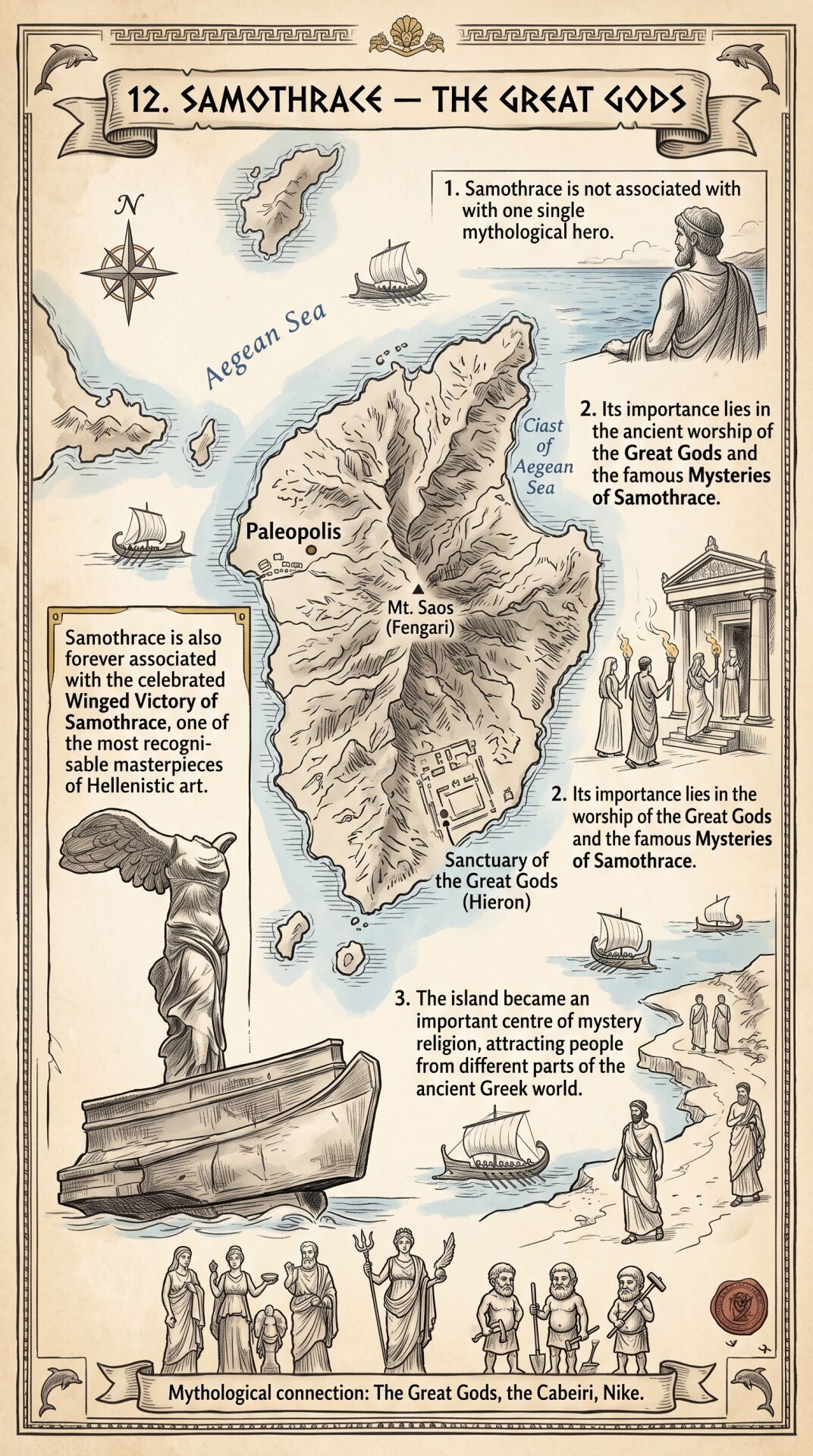 Map of Samothrace island in the Aegean Sea with illustrations of the Winged Victory statue, ancient worship scenes, and mythological figures