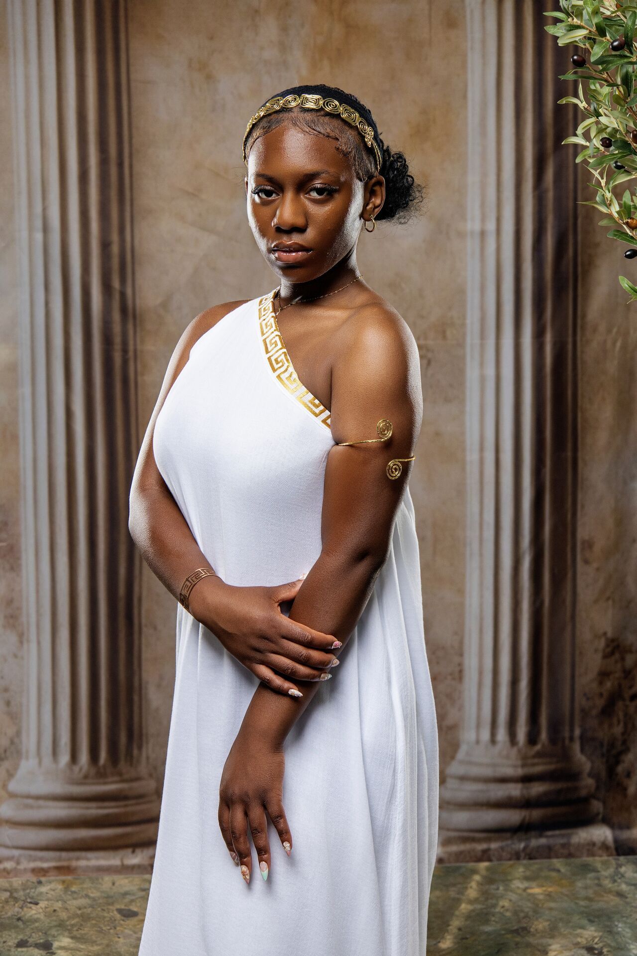 Pythia mythology photoshoot in Athens with Ancient symbols and cinematic GreekClick photography.
