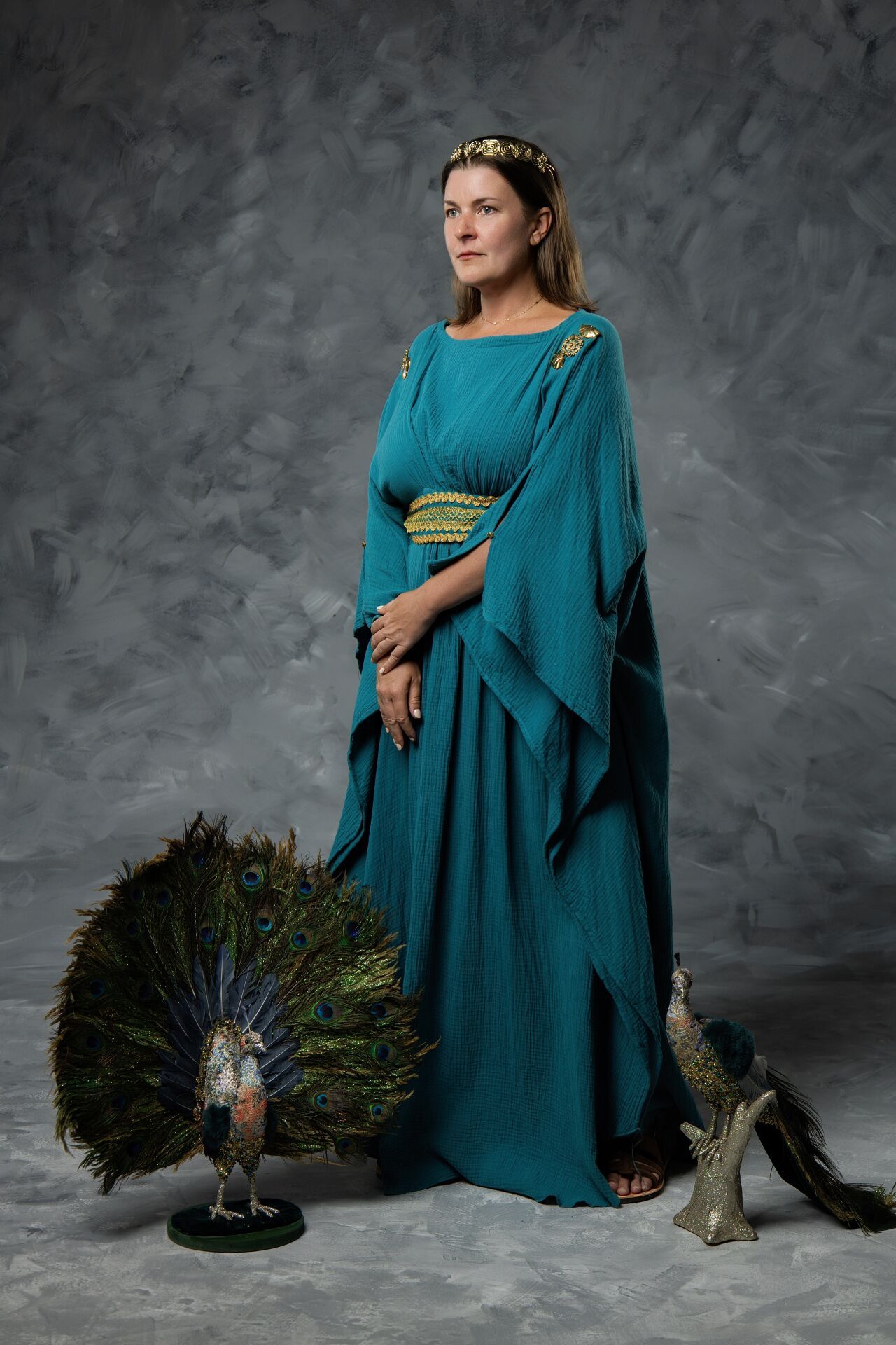 Ancient Greek goddess costume photoshoot as Hera in Athens with royal styling and GreekClick portraits.